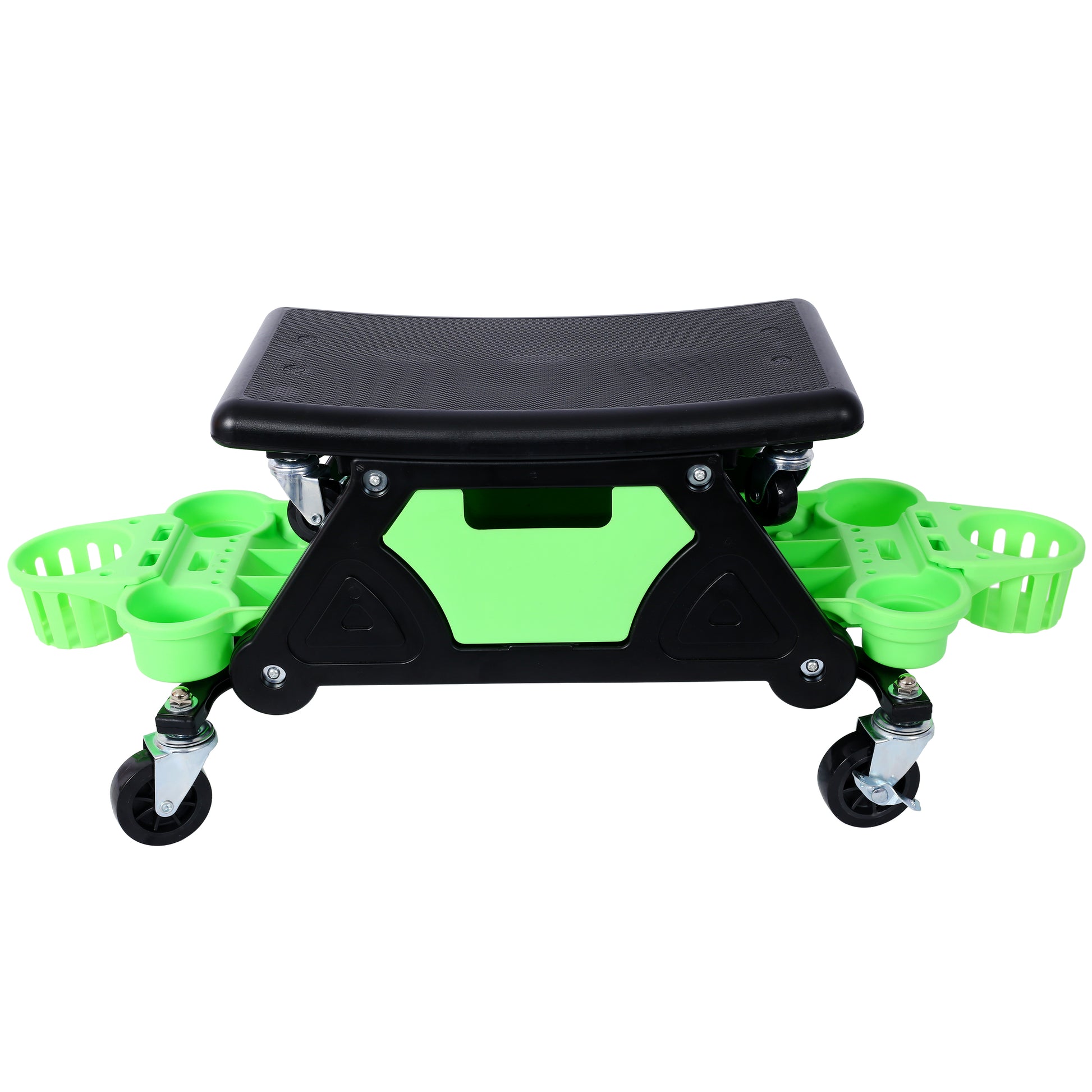Black and green rolling garden seat with tool storage compartments and swiveling wheels