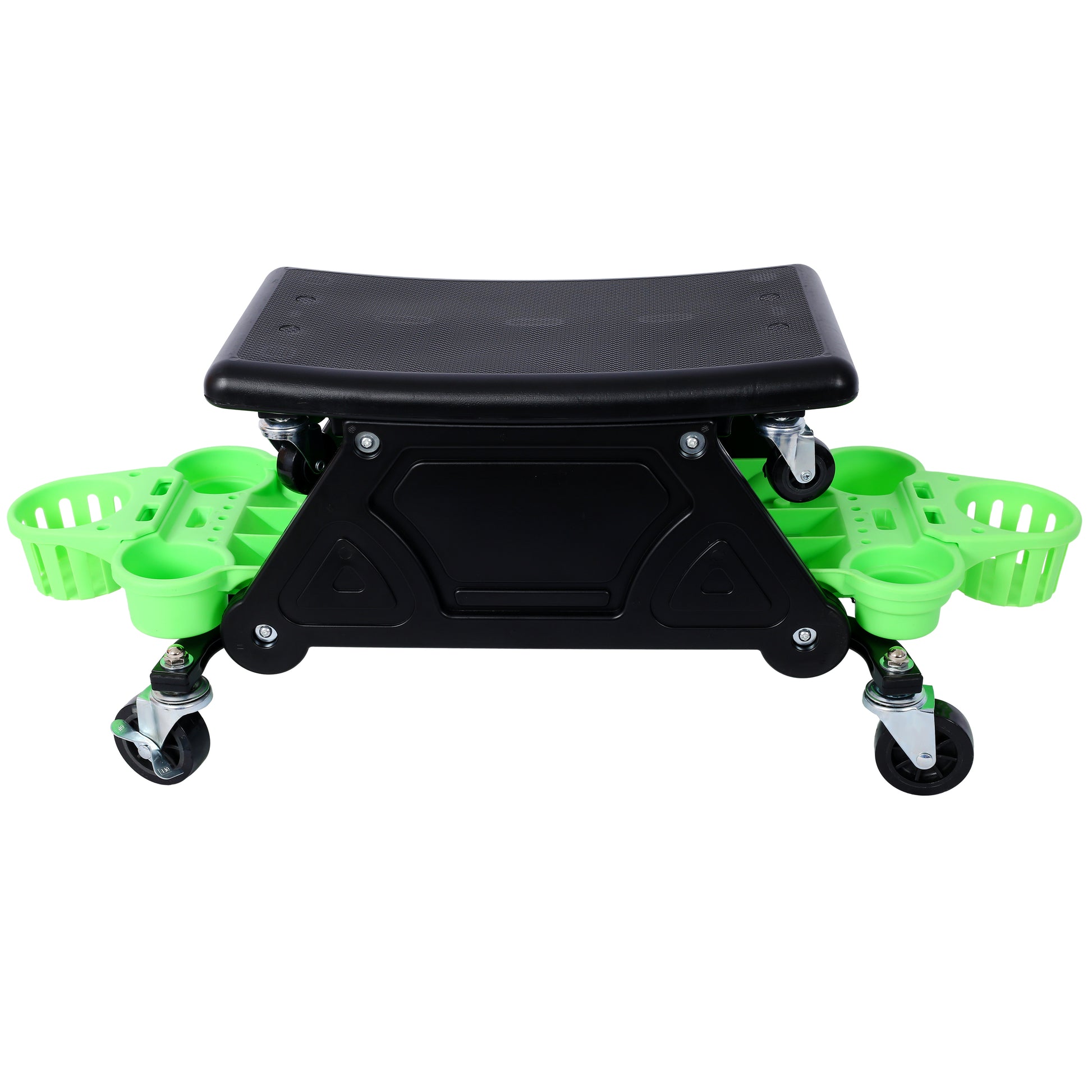 Black garden creeper seat with green storage compartments and rolling wheels