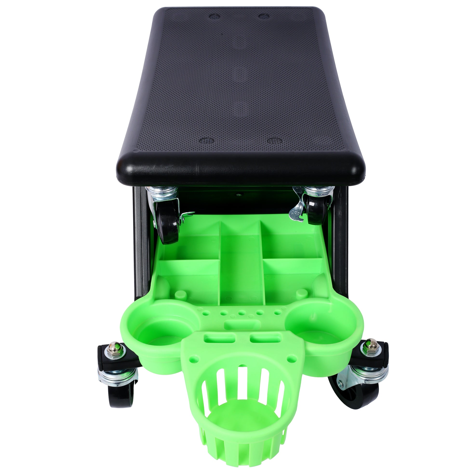 Rolling garden creeper seat with builtin tool storage tray and cup holder