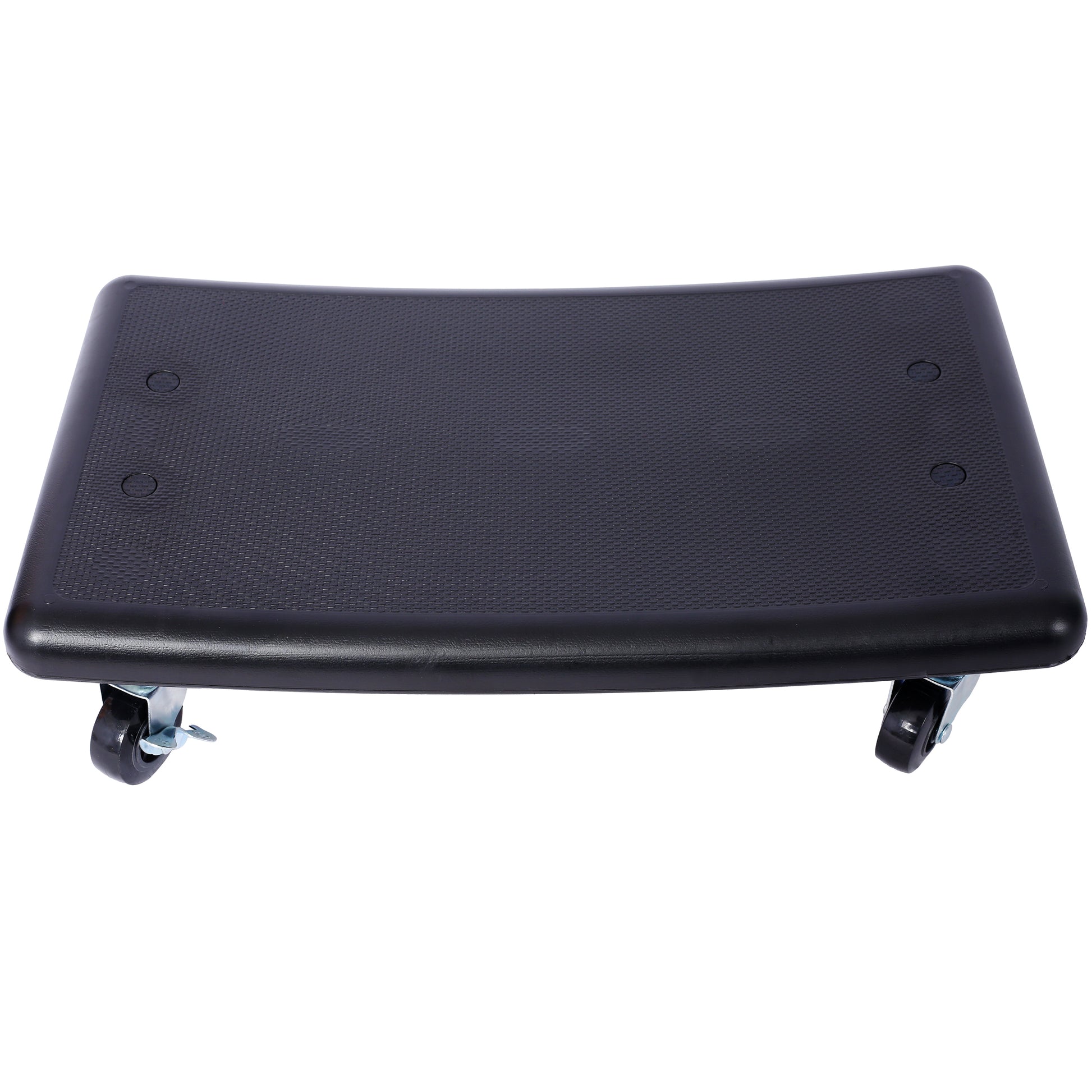 Black creeper seat with textured surface and swivel casters for easy garage use