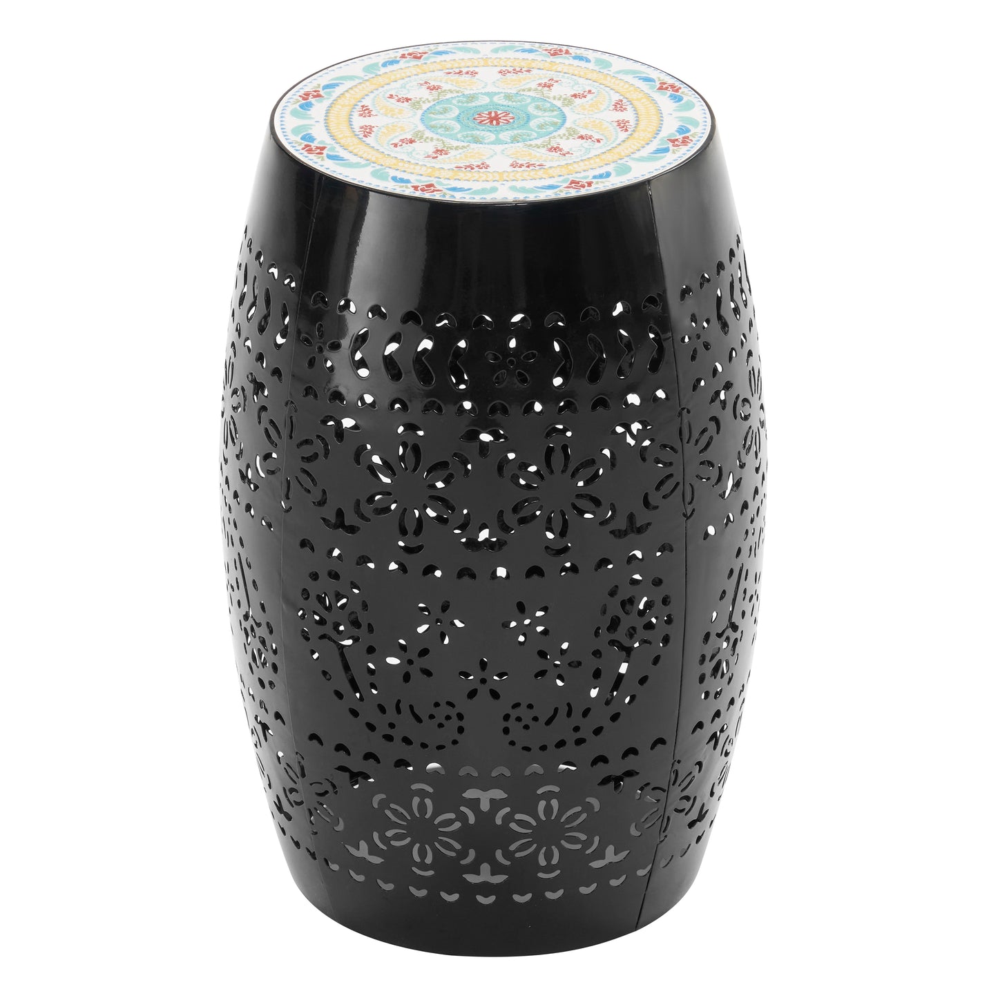 Black metal garden stool with decorative floral cutouts and a colorful mosaic tile top