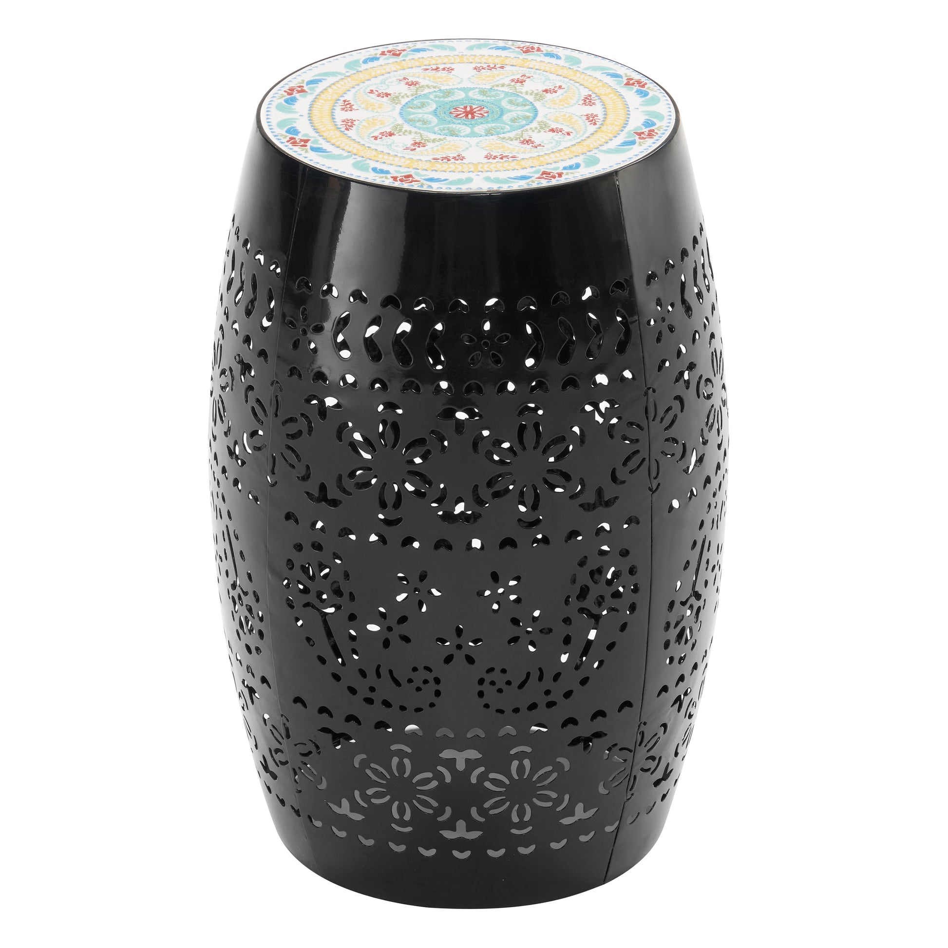 Black metal garden stool with decorative floral cutouts and a colorful mosaic tile top