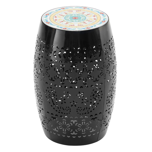 Black metal garden stool with decorative floral cutouts and a colorful mosaic tile top
