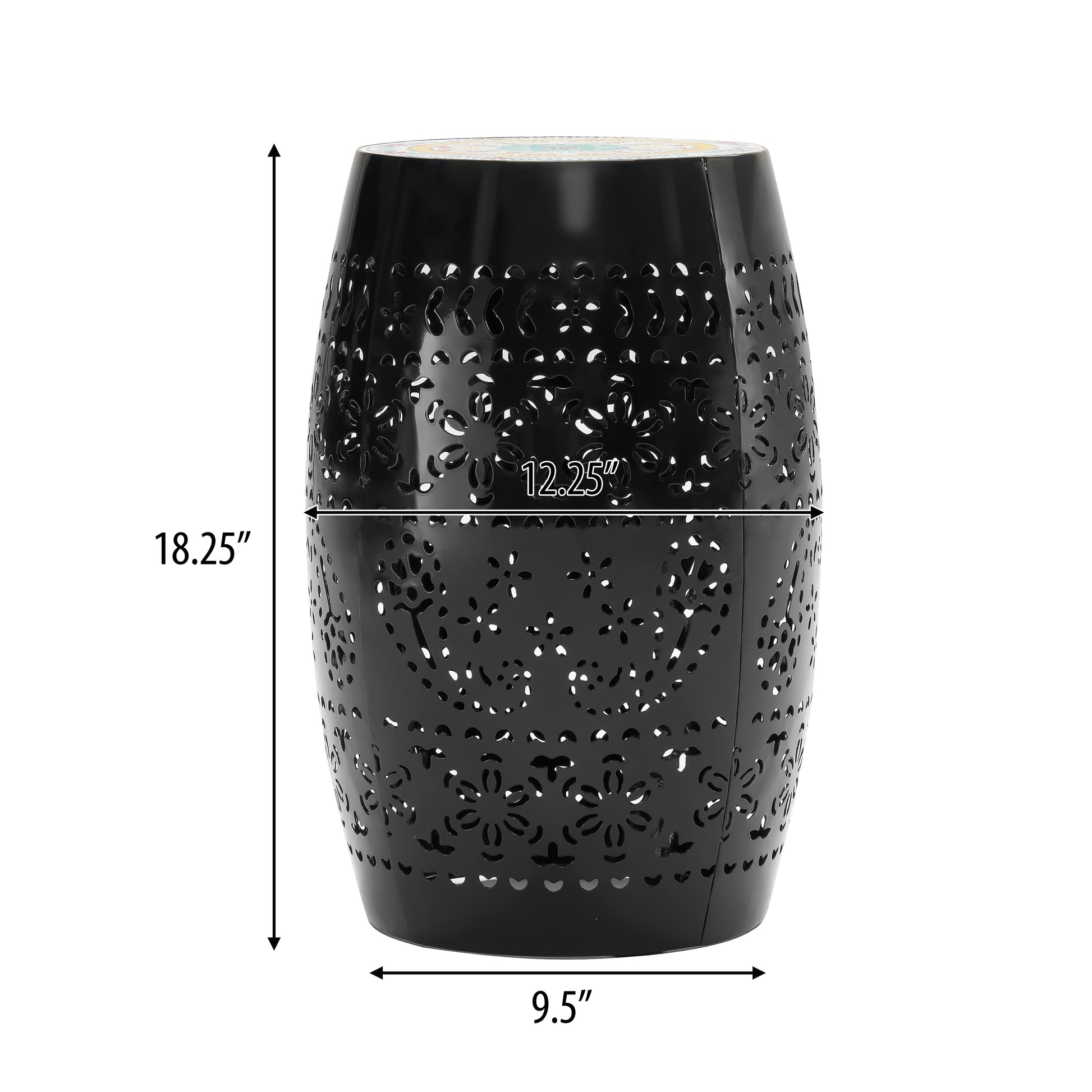 Black metal garden stool with ornate floral cutouts and a colorful mosaic top
