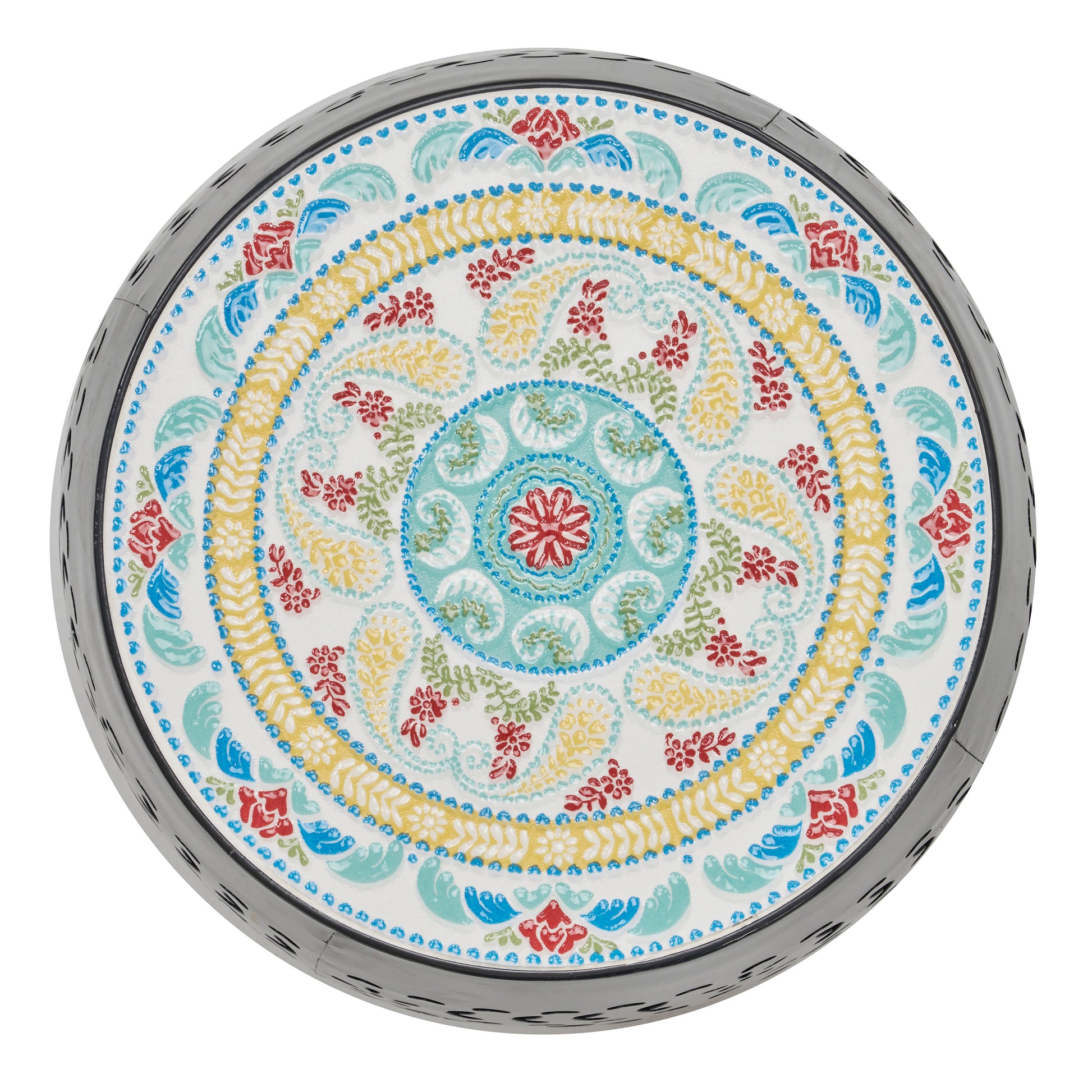 Round metal side table with colorful floral mosaic top
