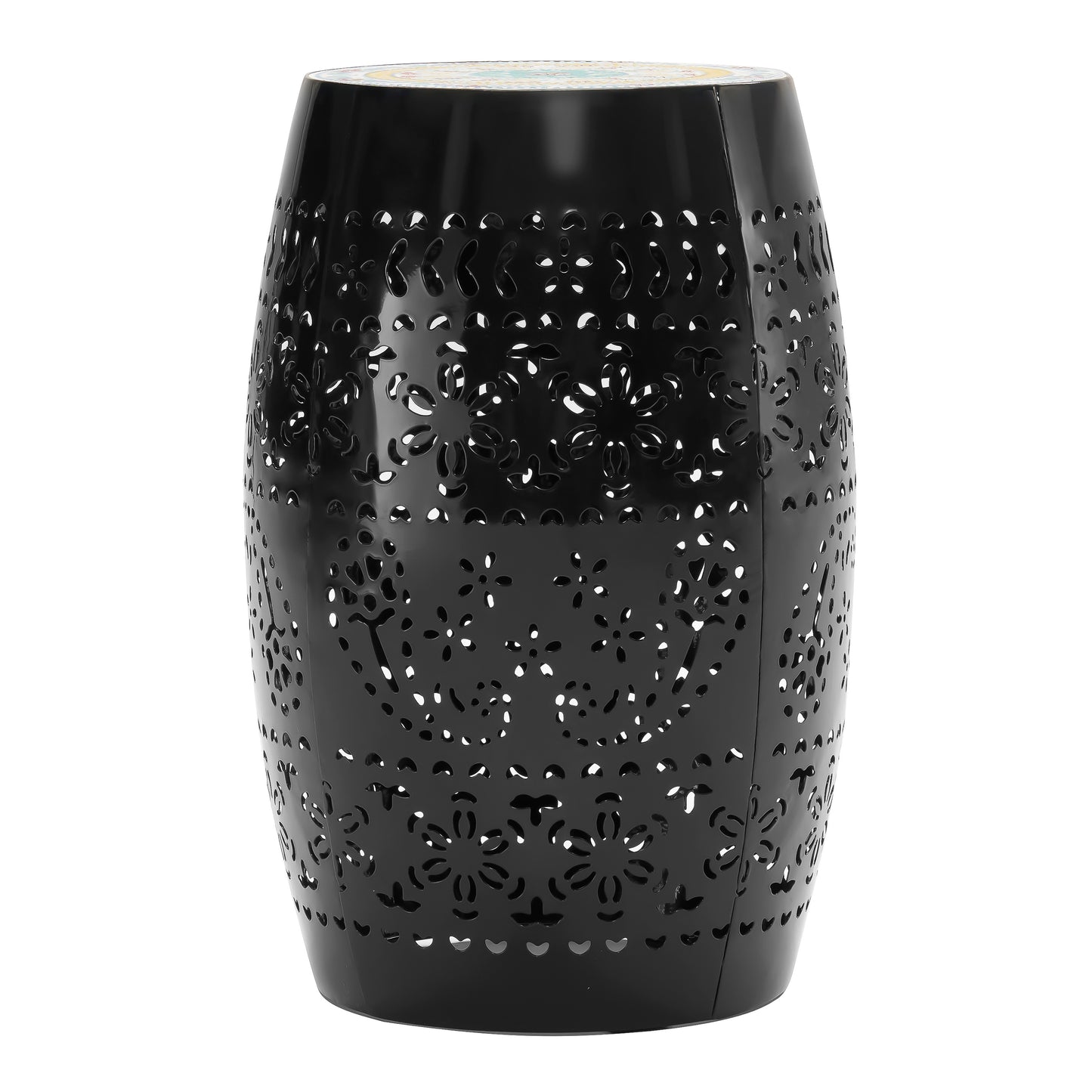 Black metal garden stool with intricate floral cutouts perfect for outdoor seating