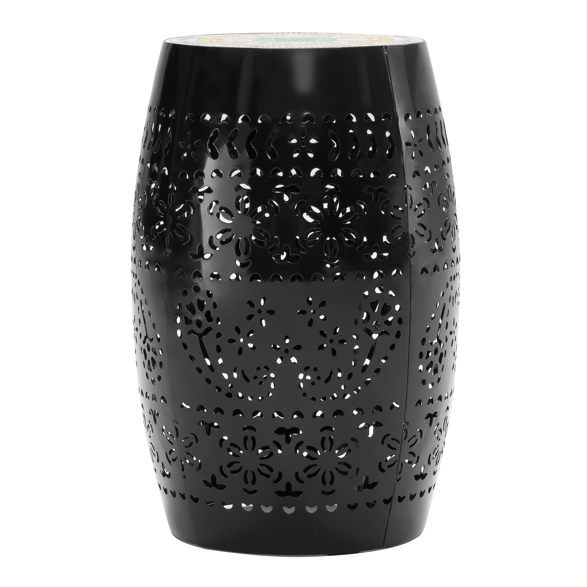 Black metal garden stool with intricate floral cutouts perfect for outdoor seating