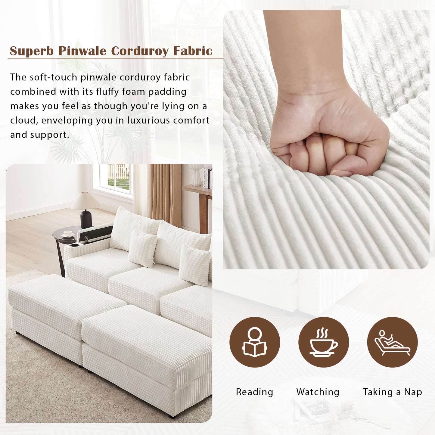 Plush white pinwale corduroy sofa with deep seating and comfortable foam padding