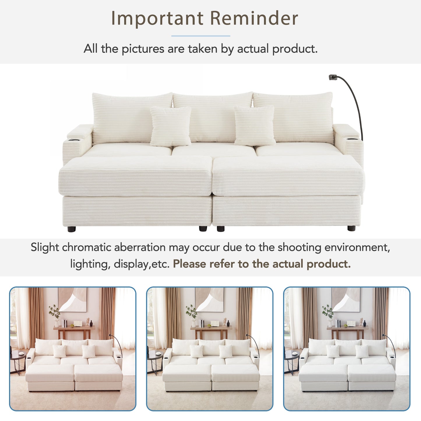 Cream corduroy sectional sofa with plush cushions and integrated cup holders a modern living room centerpiece
