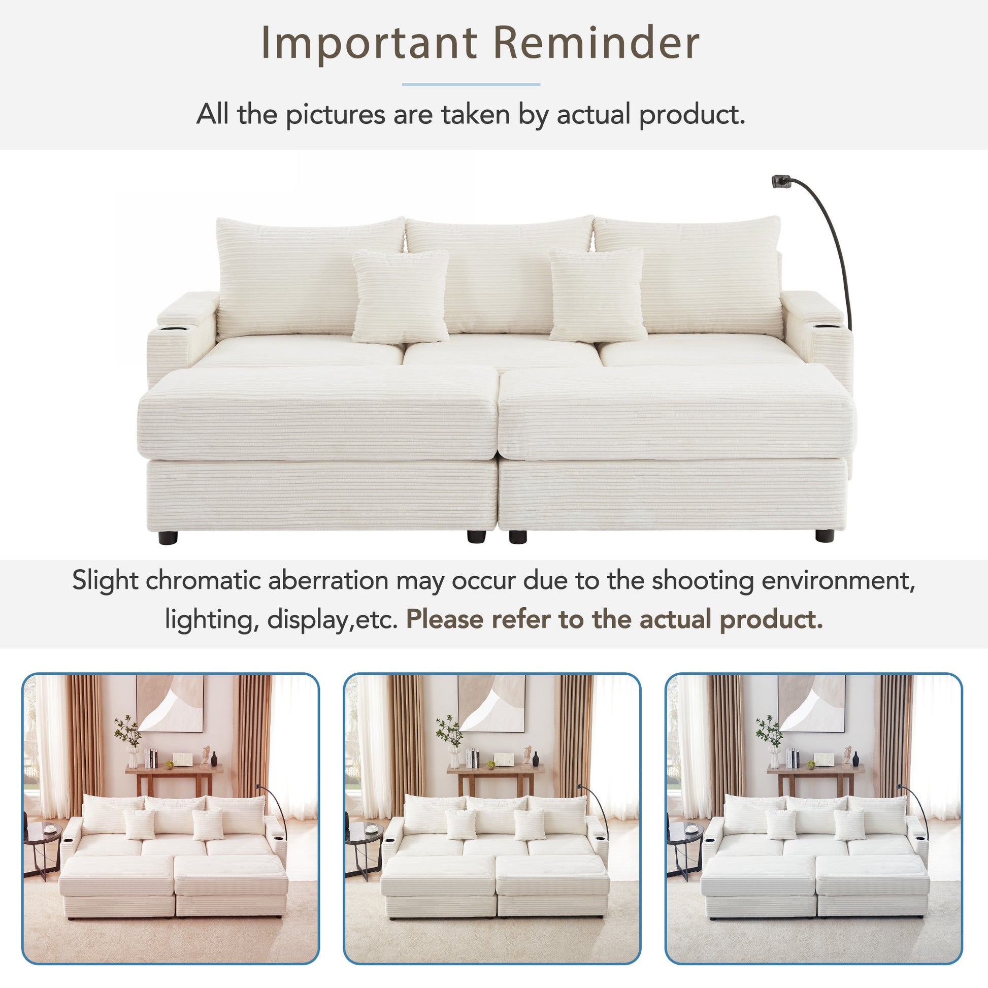 Cream corduroy sectional sofa with plush cushions and integrated cup holders a modern living room centerpiece