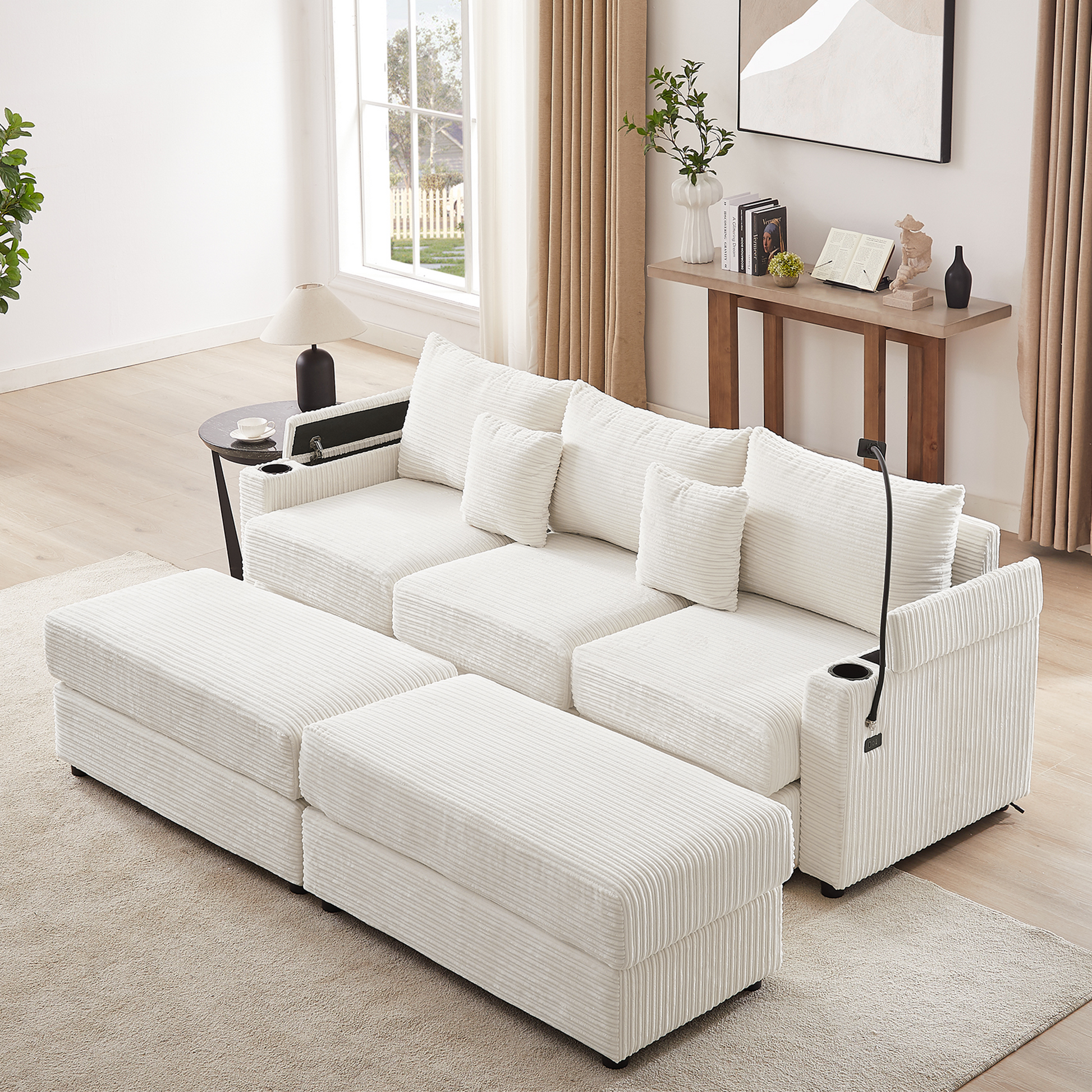 Plush white corduroy modular sectional sofa with chaise and ottomans for living room comfort