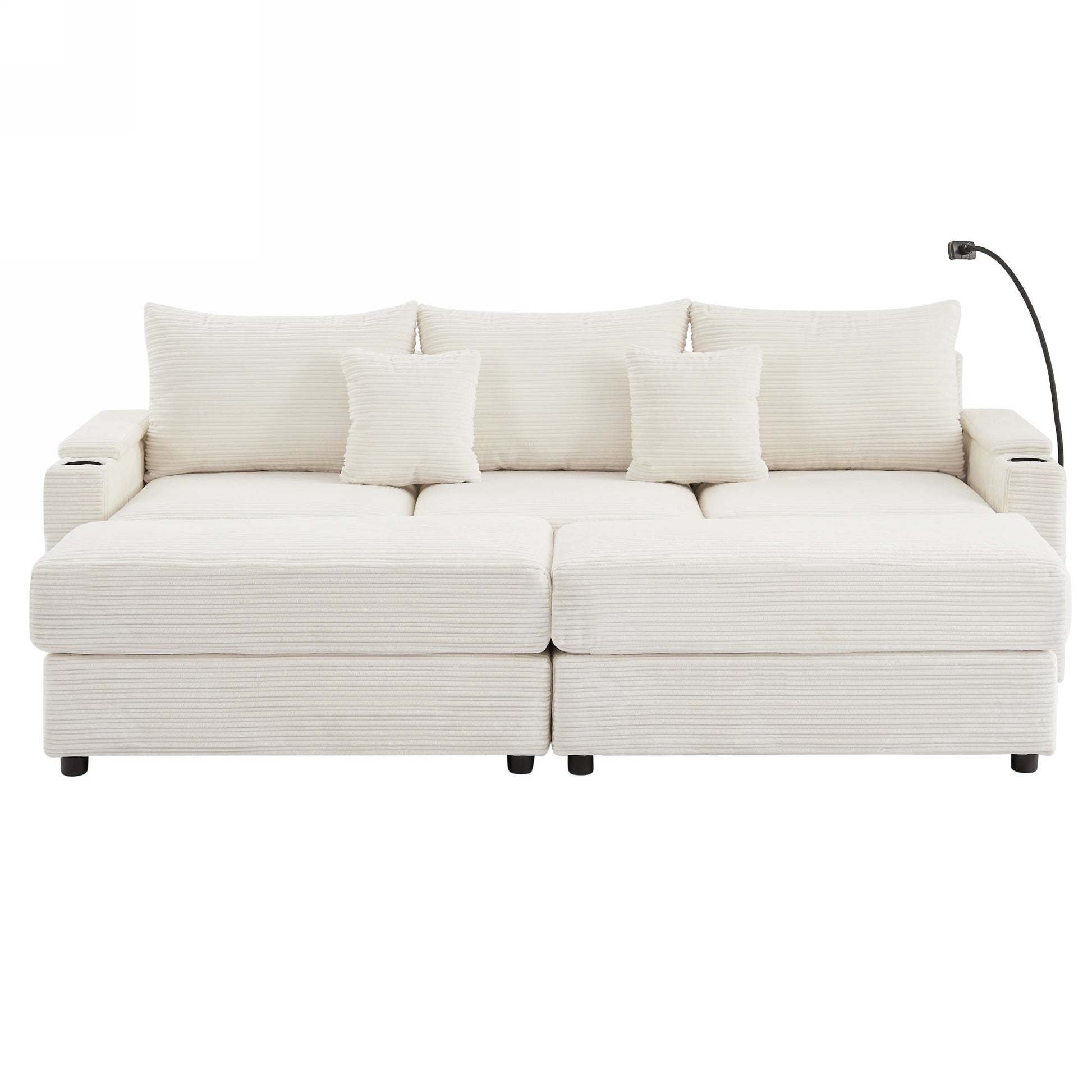 Plush cream corduroy sectional sofa with chaise and builtin cup holders for modern living rooms
