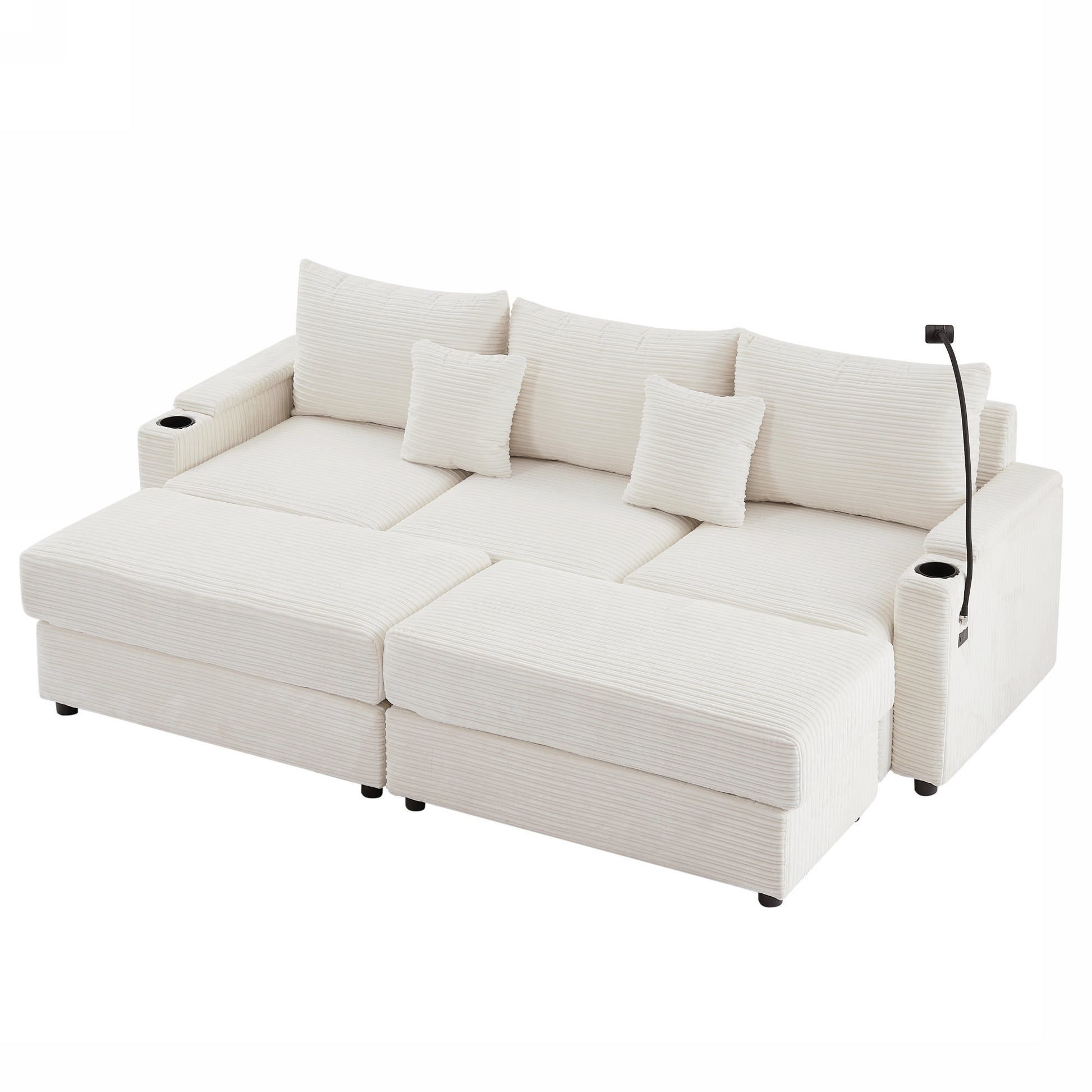 Modular sectional sofa in cream corduroy fabric with adjustable headrests and builtin cup holders for modern living rooms