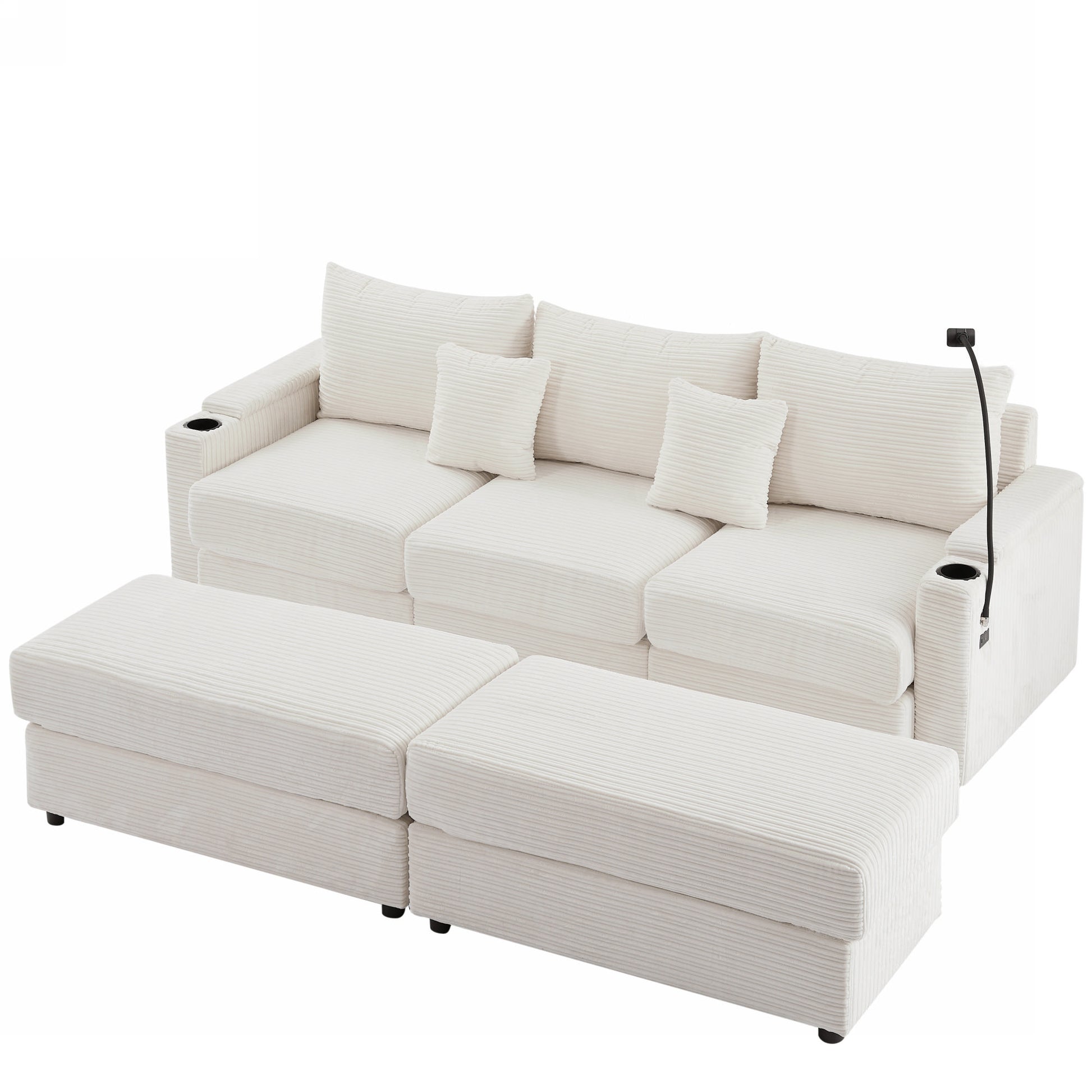 White corduroy sectional sofa with builtin cup holders and adjustable lamp