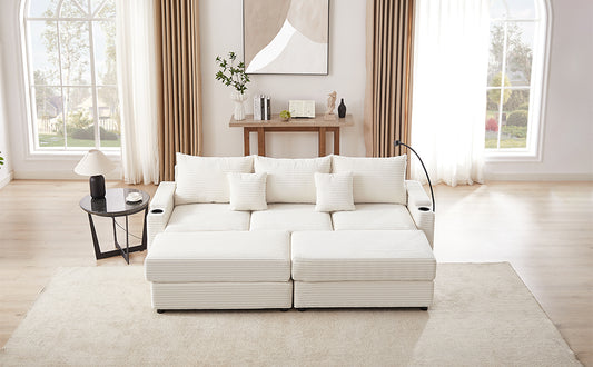 Modular white corduroy sectional sofa with plush cushions and cup holders