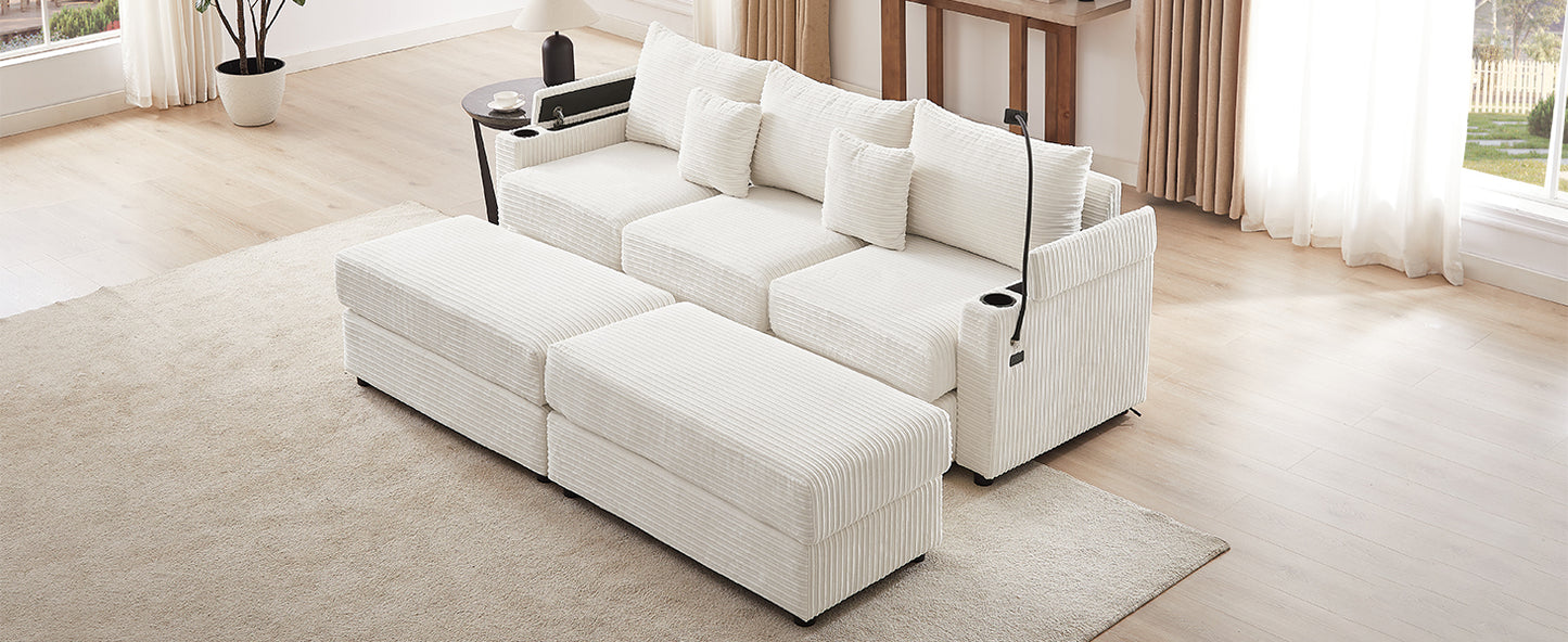Cream corduroy modular sectional sofa with ottoman and builtin cup holders