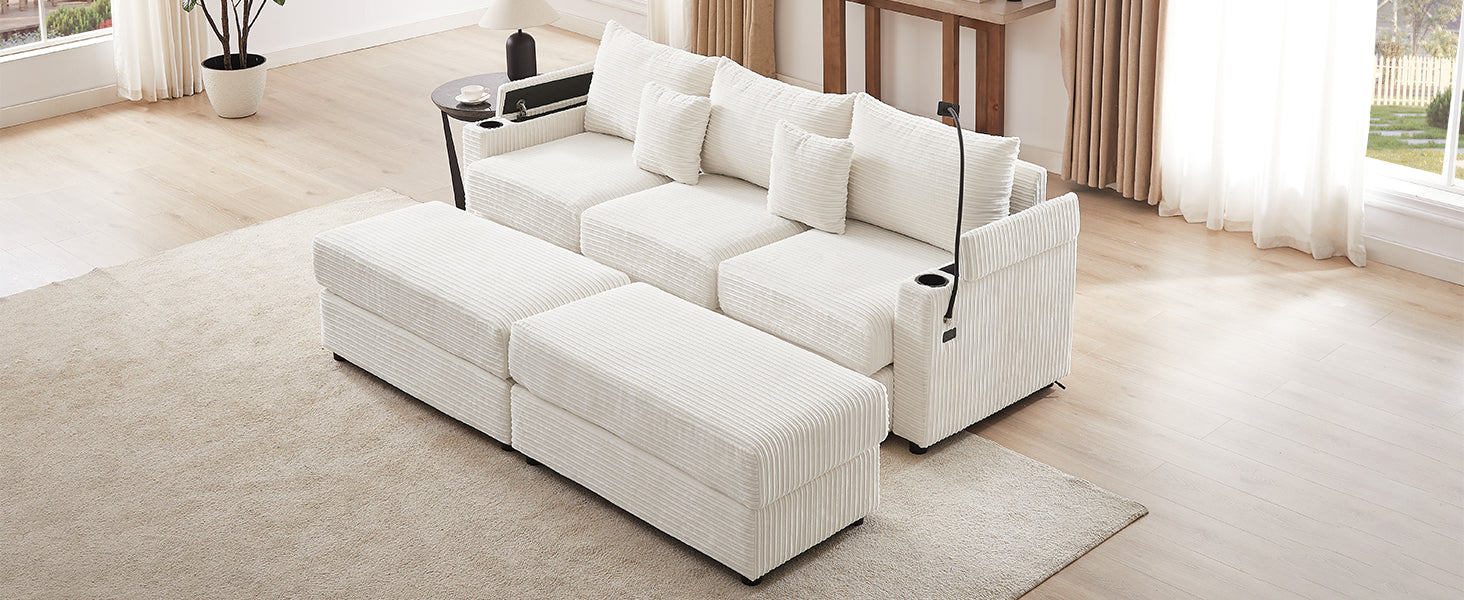 Cream corduroy modular sectional sofa with ottoman and builtin cup holders