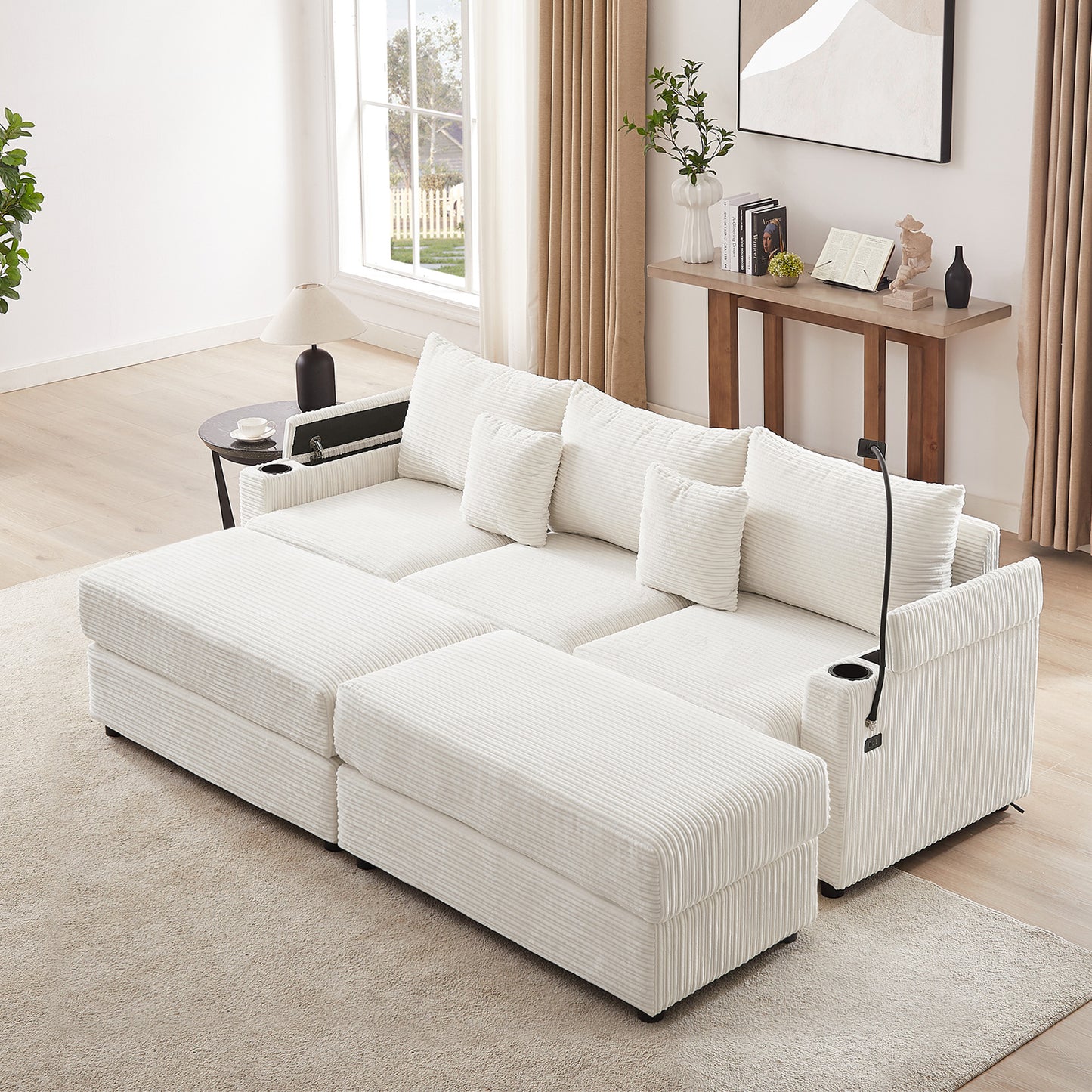 Modern white corduroy sectional sofa with chaise lounge and builtin cup holder