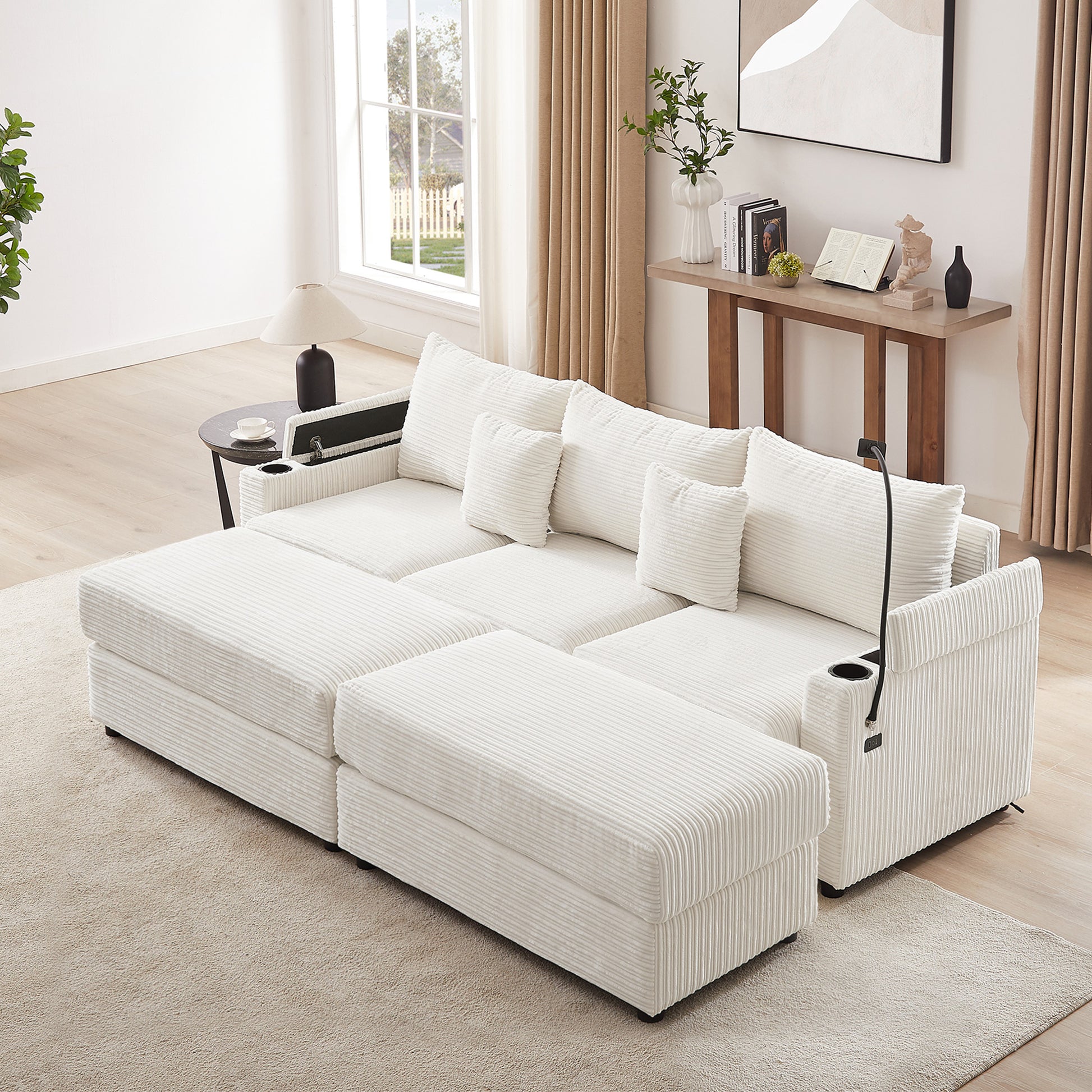 Modern white corduroy sectional sofa with chaise lounge and builtin cup holder