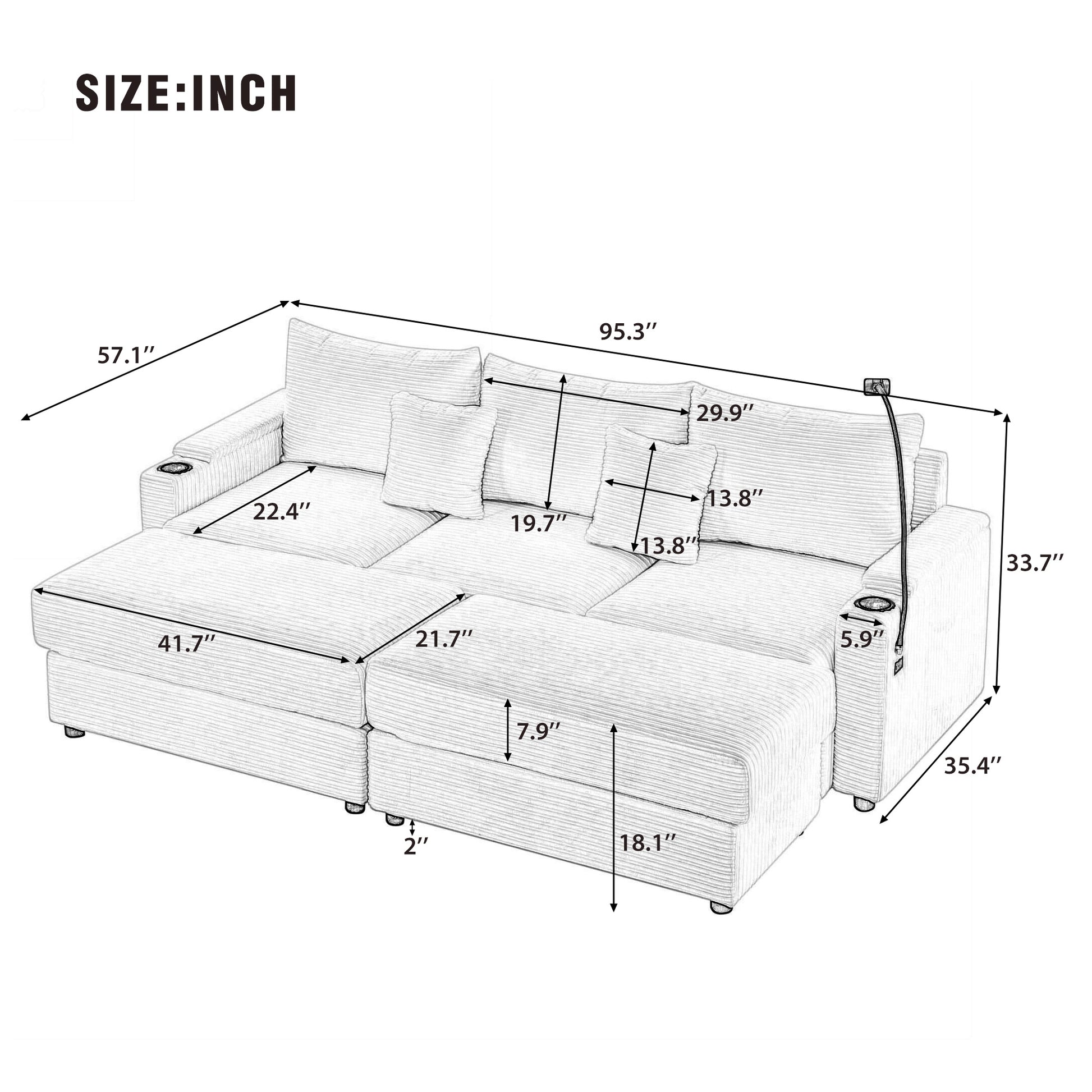 Diagram of a sectional sofa showing dimensions for seating and overall size