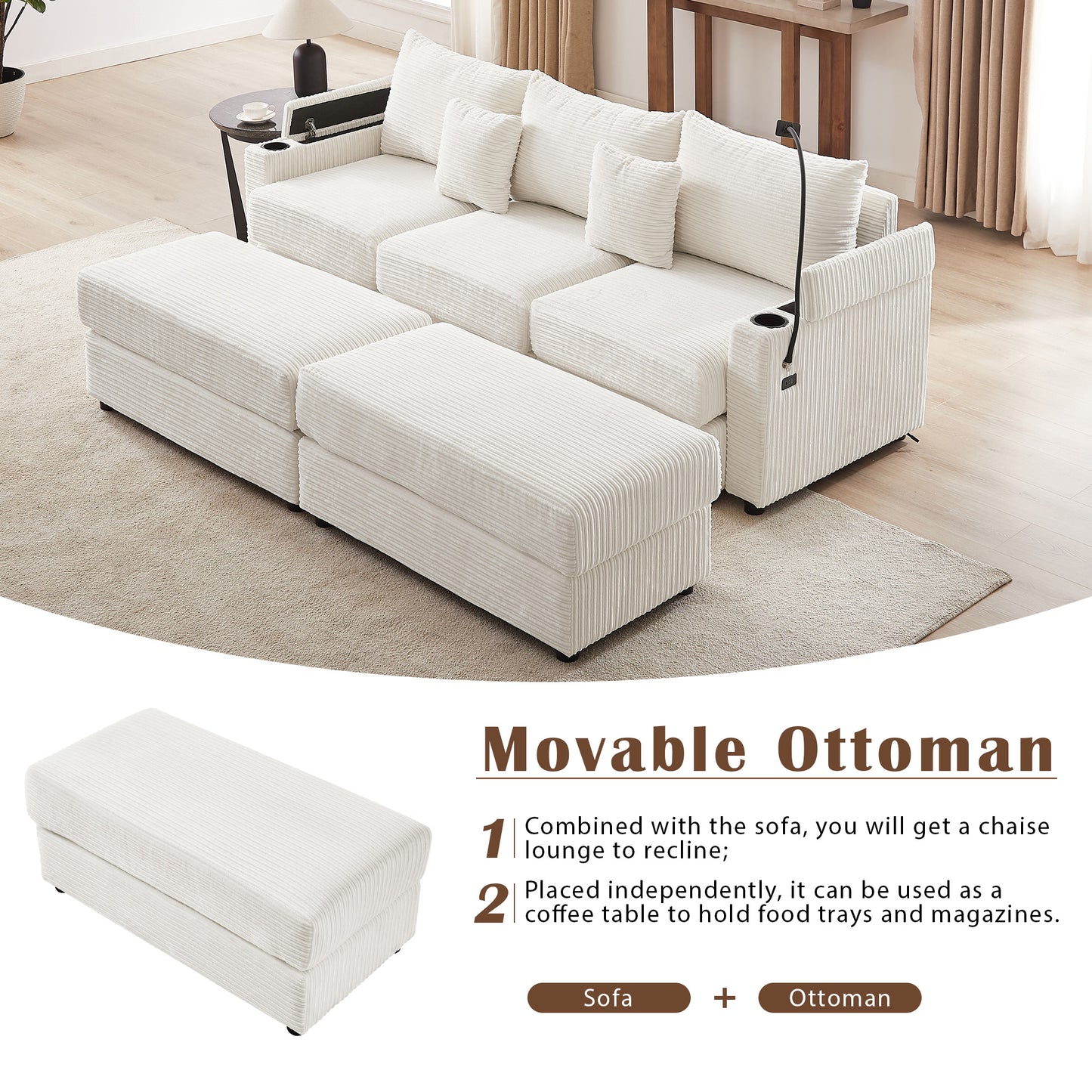 White corduroy sectional sofa with movable ottoman perfect for living rooms
