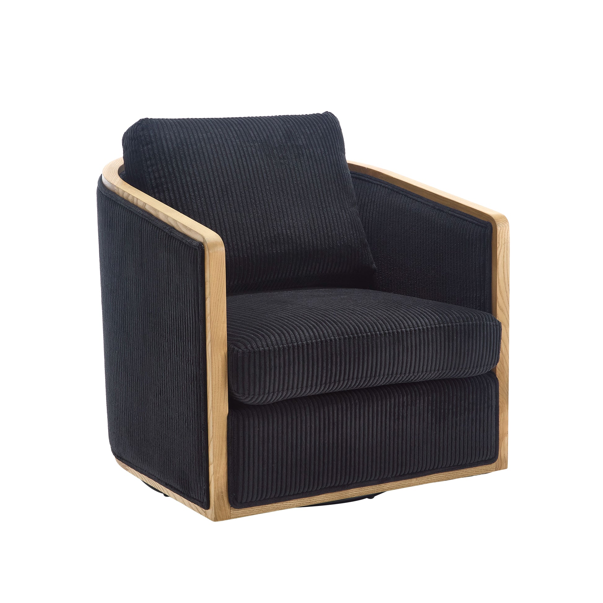 Black corduroy accent chair with curved wooden frame and plush cushions