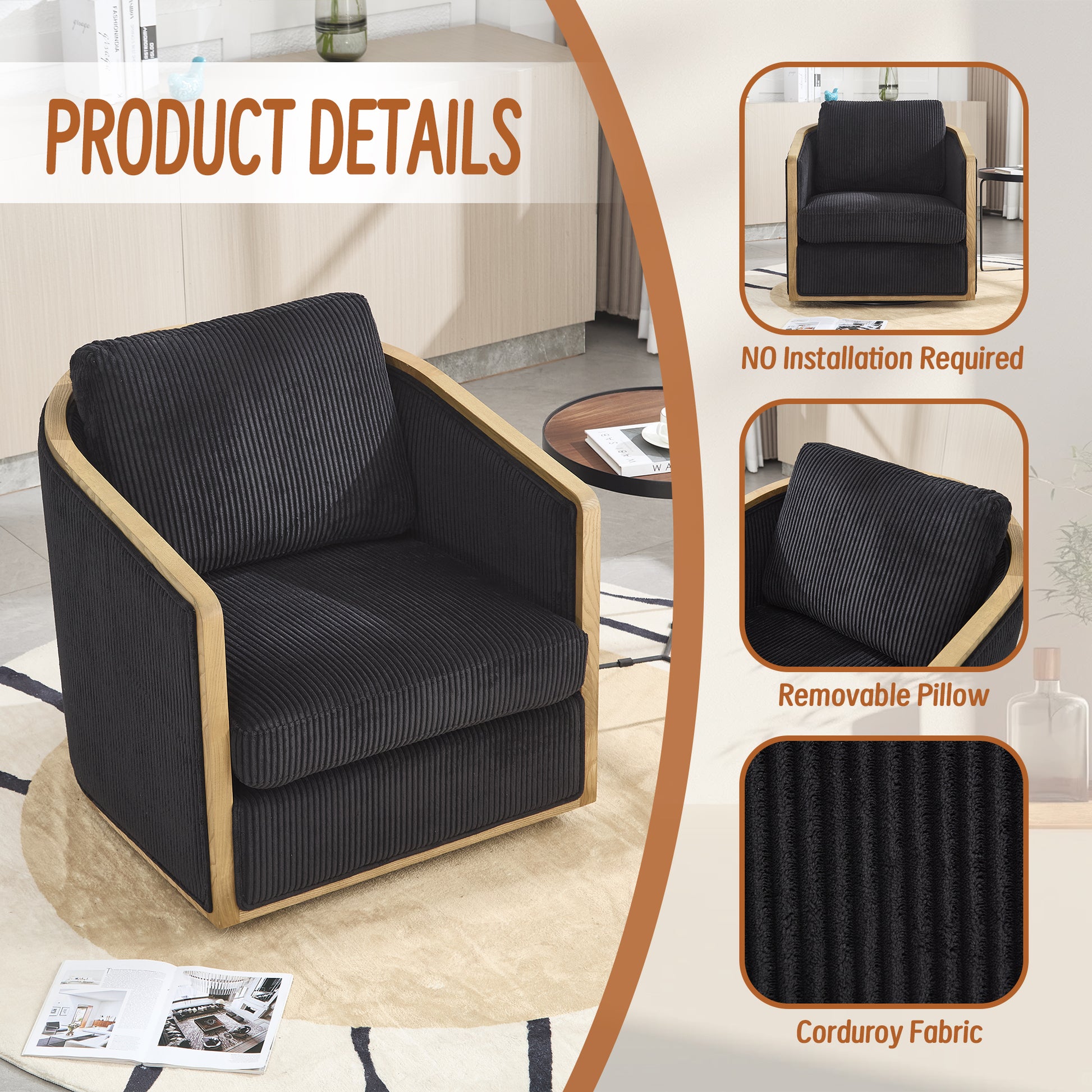 Black corduroy accent chair with natural wood frame and plush cushions