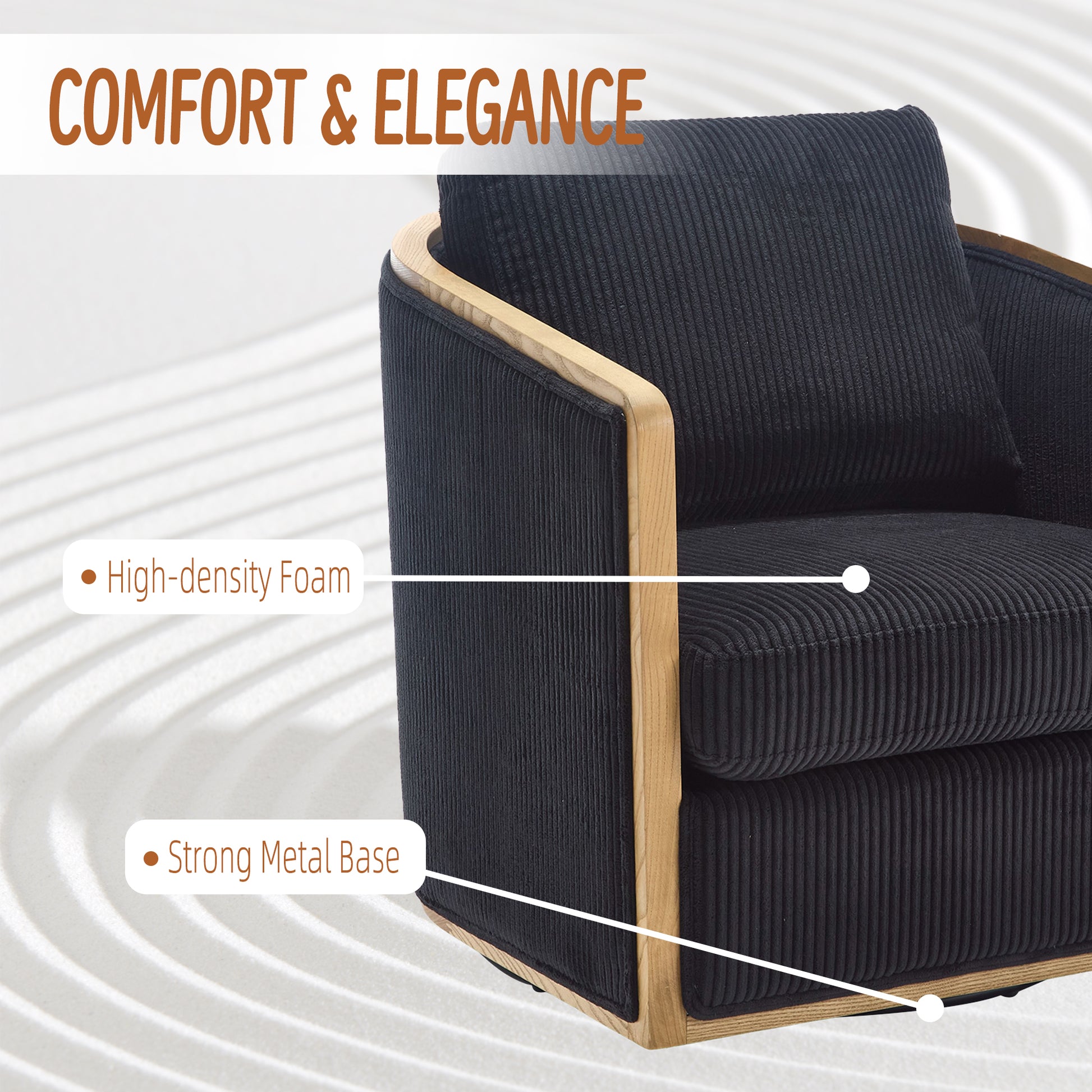 Black corduroy swivel chair with wooden accents and highdensity foam cushion