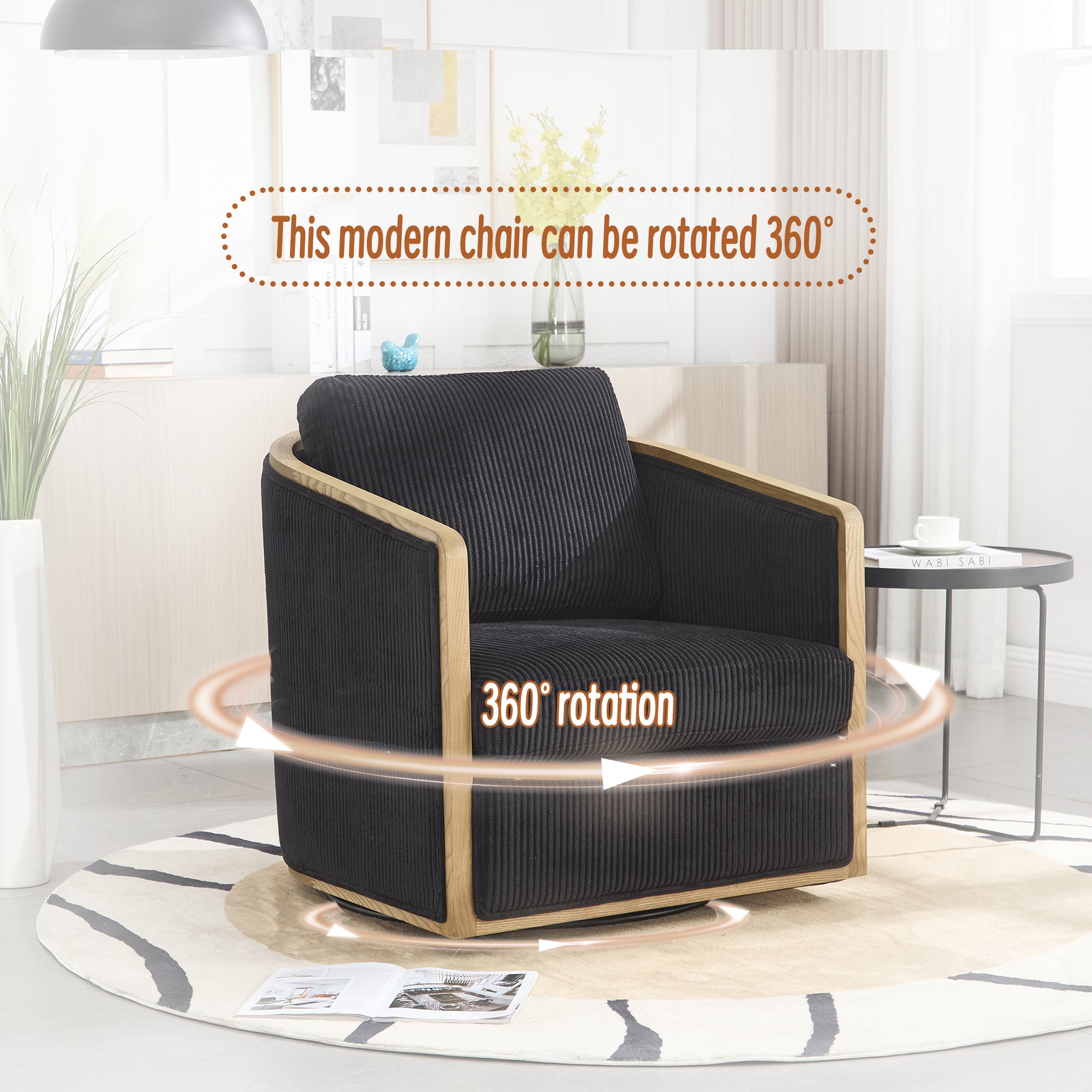 Black corduroy accent chair with natural wood frame and  swivel base