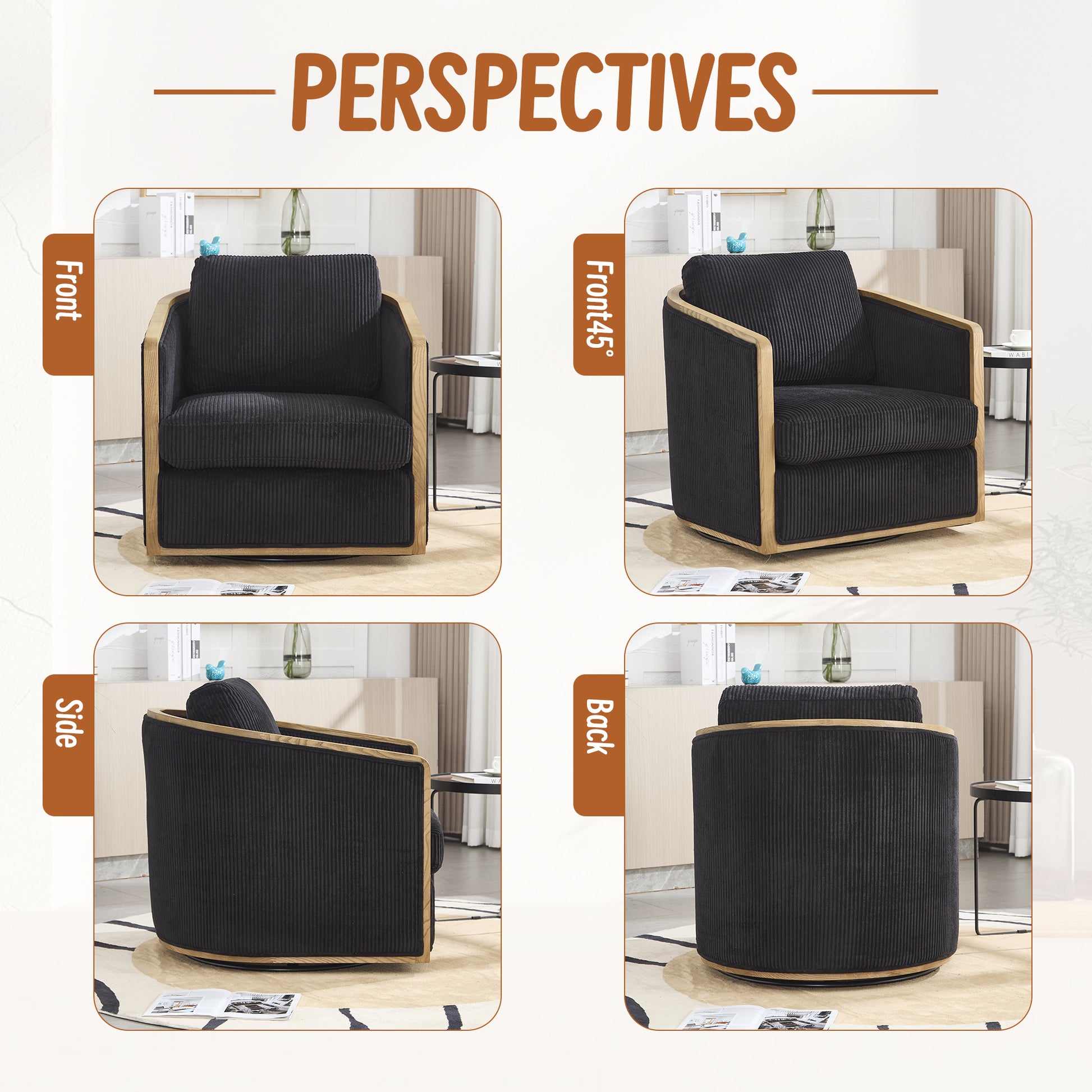 Black corduroy armchair with light wood accents ideal for a modern living room accent chair