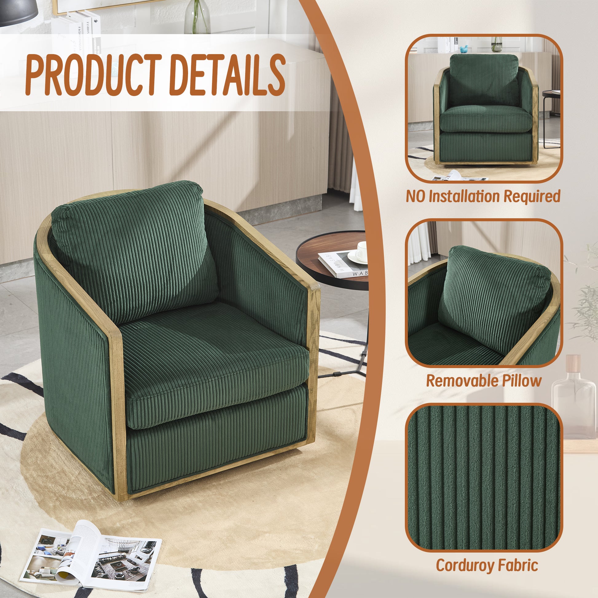 Green corduroy accent chair with wood trim and plush cushions