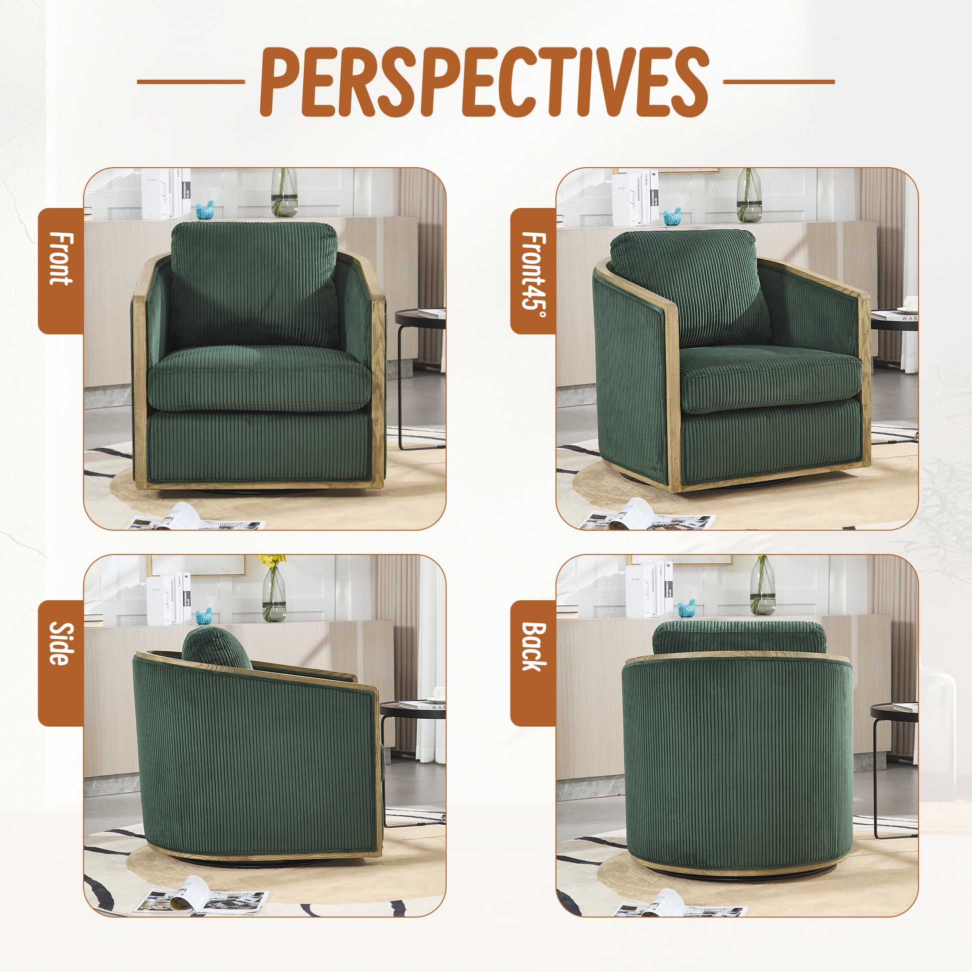 Green corduroy accent chair with wood frame front view