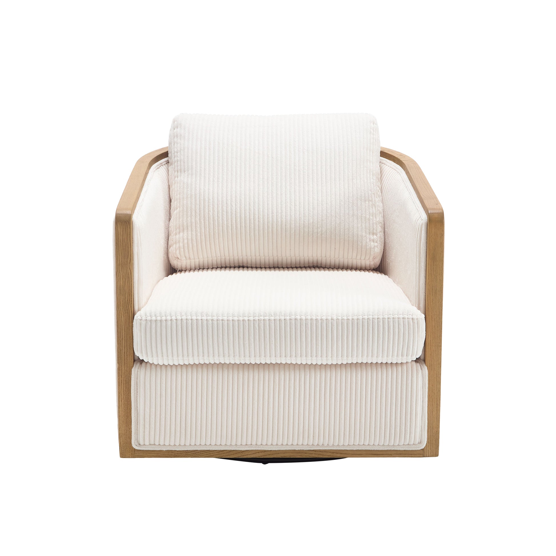 Cream corduroy swivel chair with natural wood accents modern living room accent chair