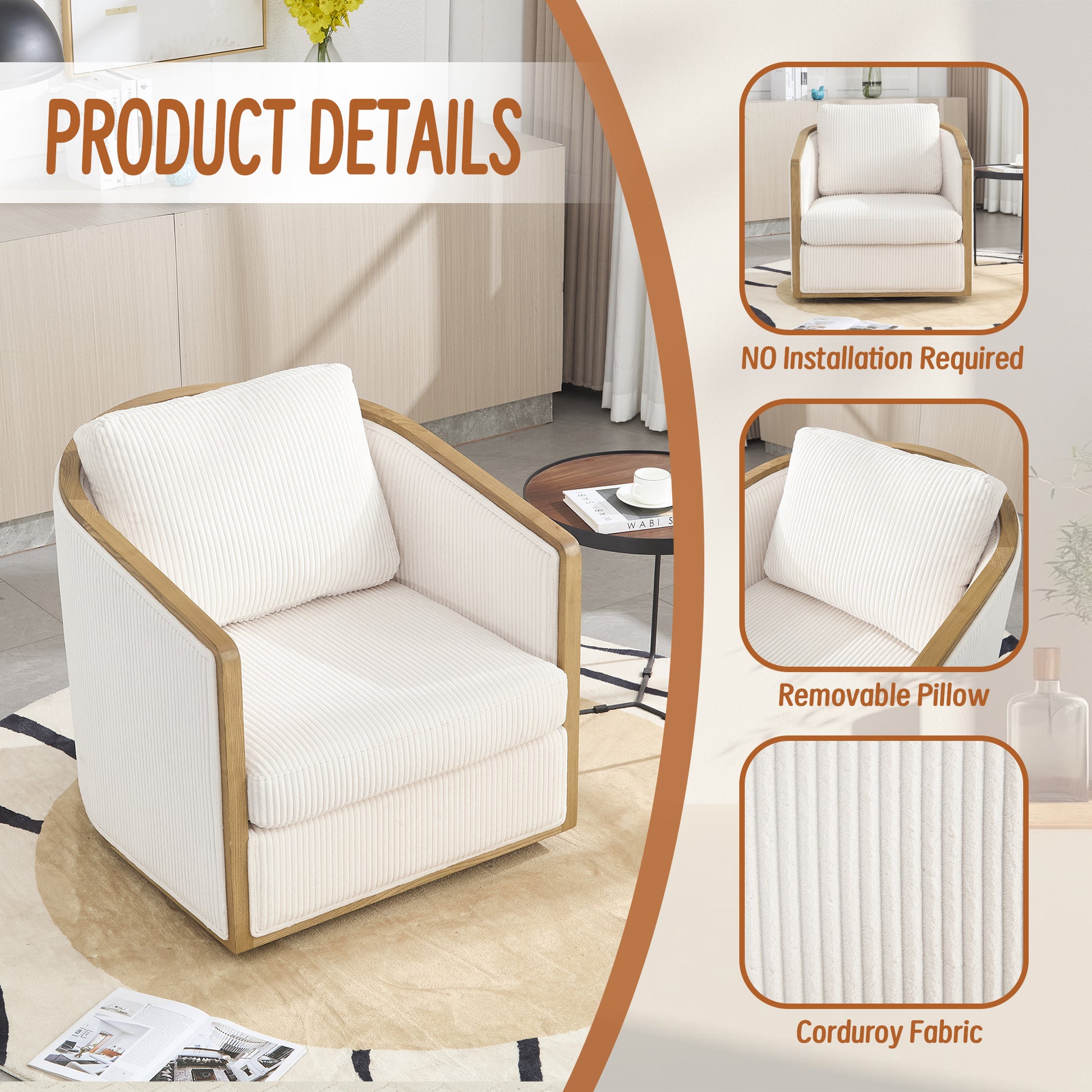 Cream corduroy armchair with wooden frame and plush pillow modern accent chair