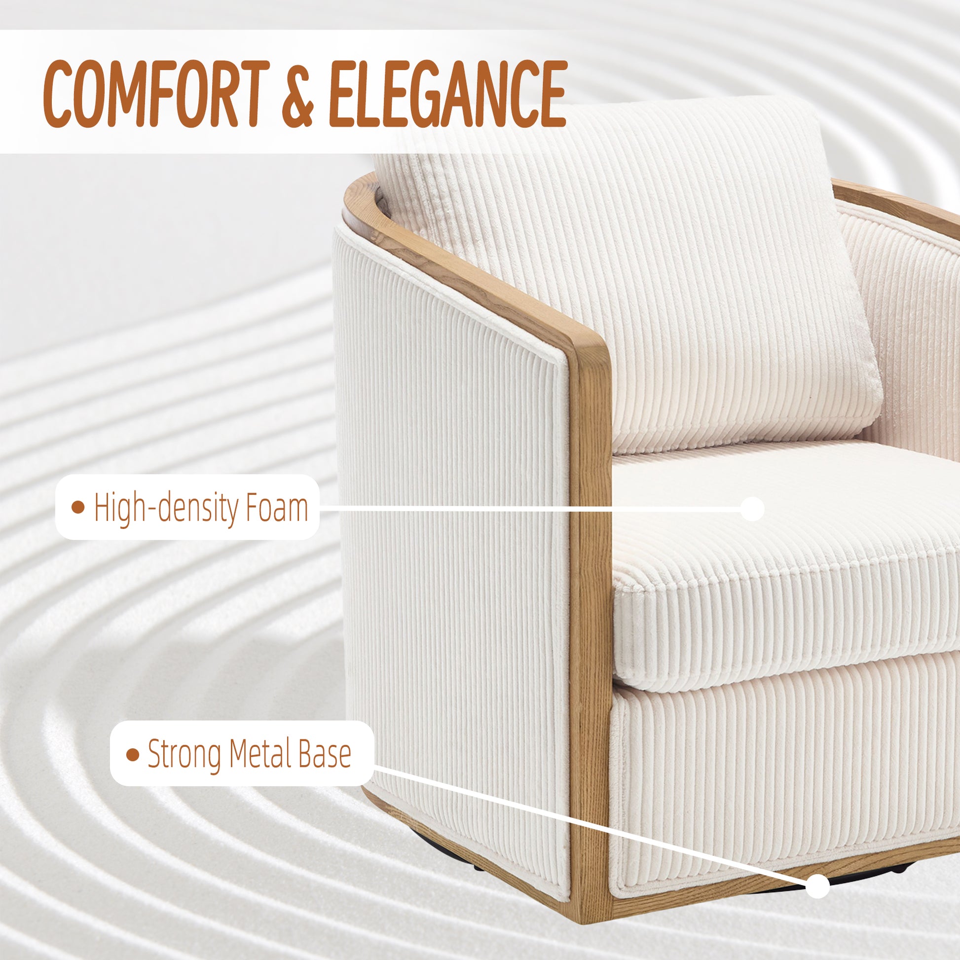Cream corduroy accent chair with wooden trim and highdensity foam cushioning
