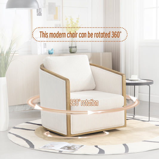 Cream corduroy armchair with light wood accents featuring  rotation for versatile living room use