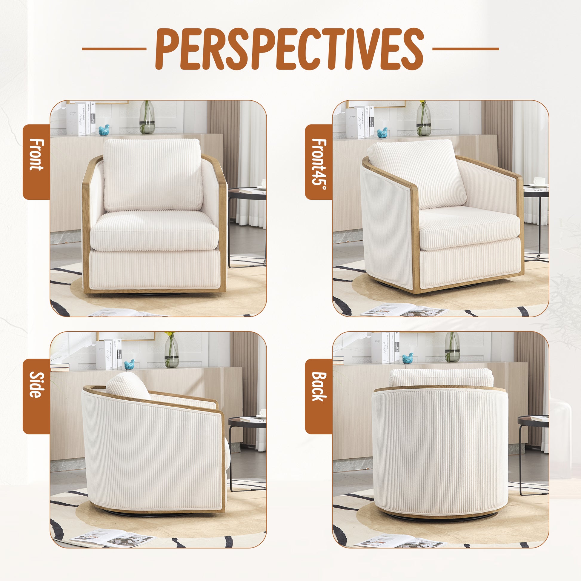 Cream corduroy swivel accent chair with wooden frame and plush cushion