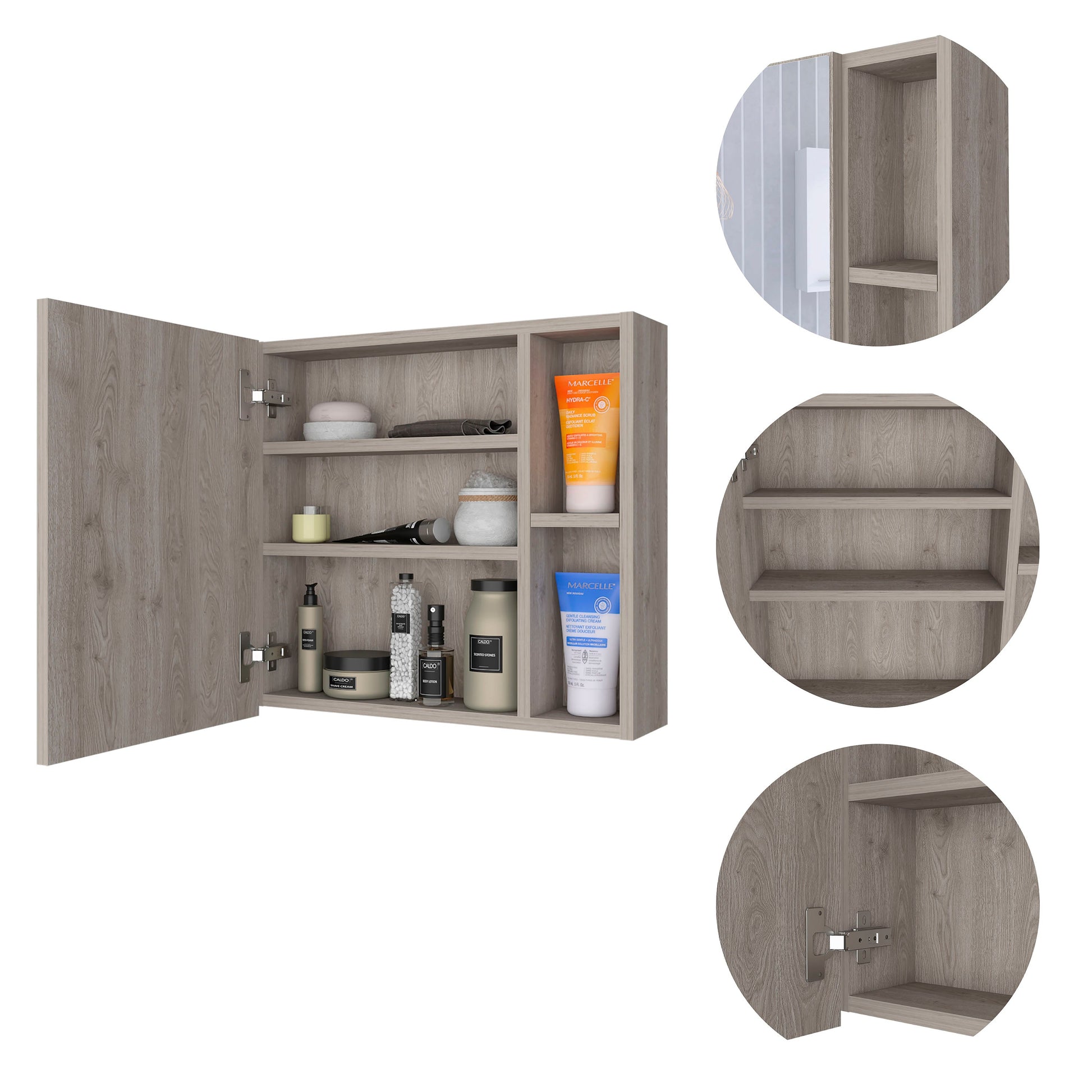 Modern gray wood bathroom medicine cabinet with mirrored door and interior shelves
