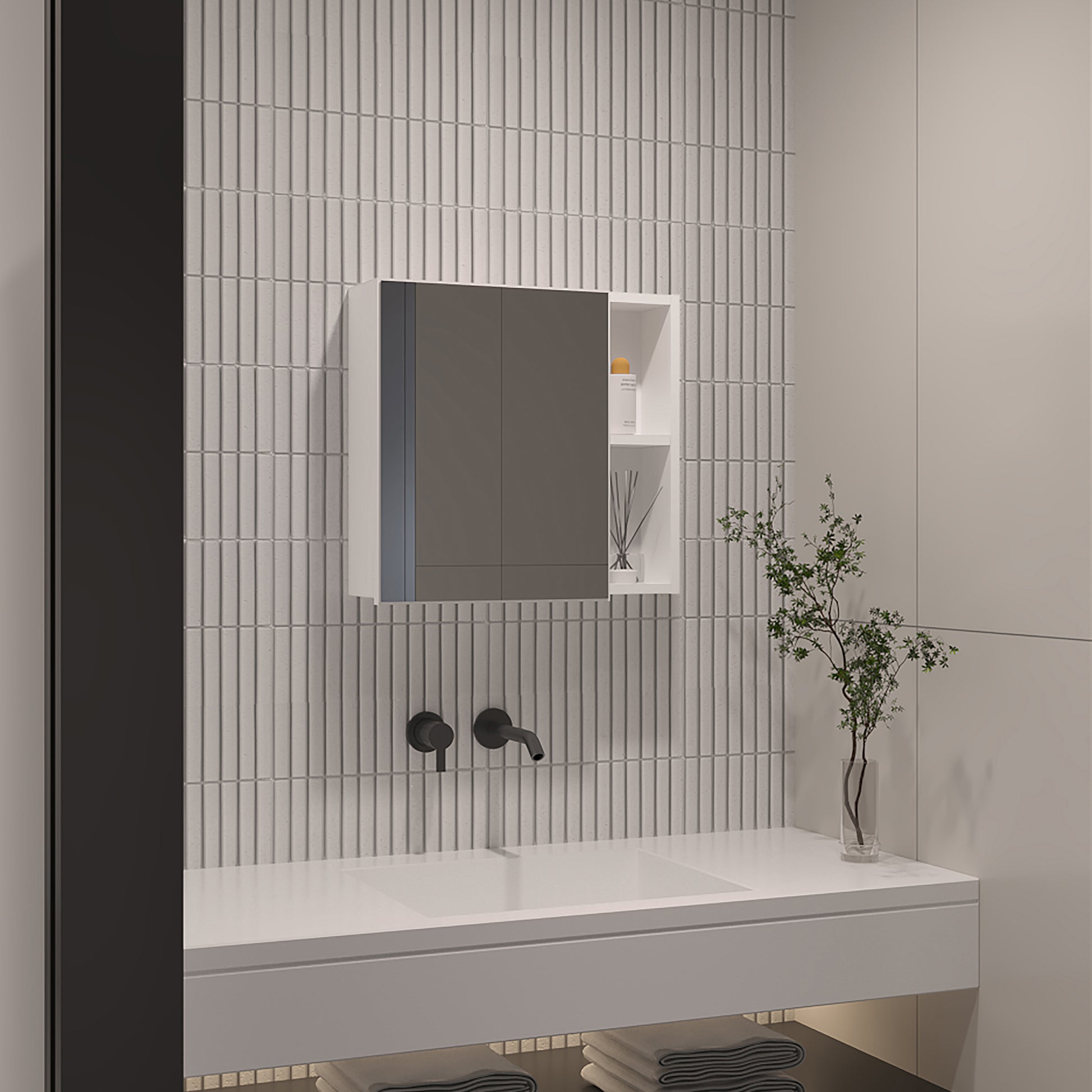 Modern minimalist medicine cabinet with mirrored doors and open shelving above a double sink vanity