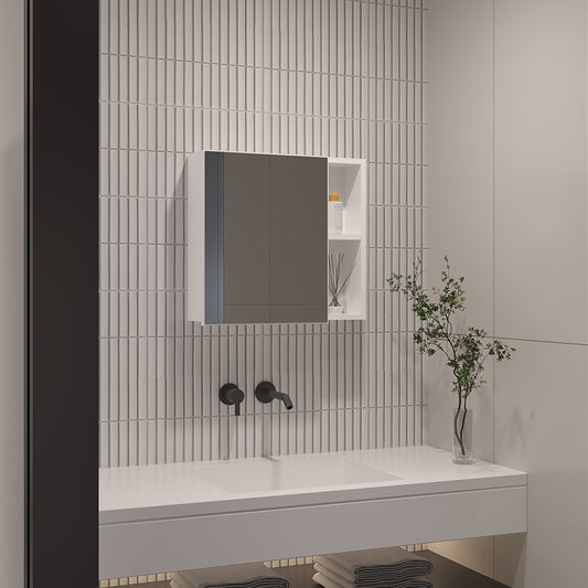 Modern minimalist medicine cabinet with mirrored doors and open shelving above a double sink vanity