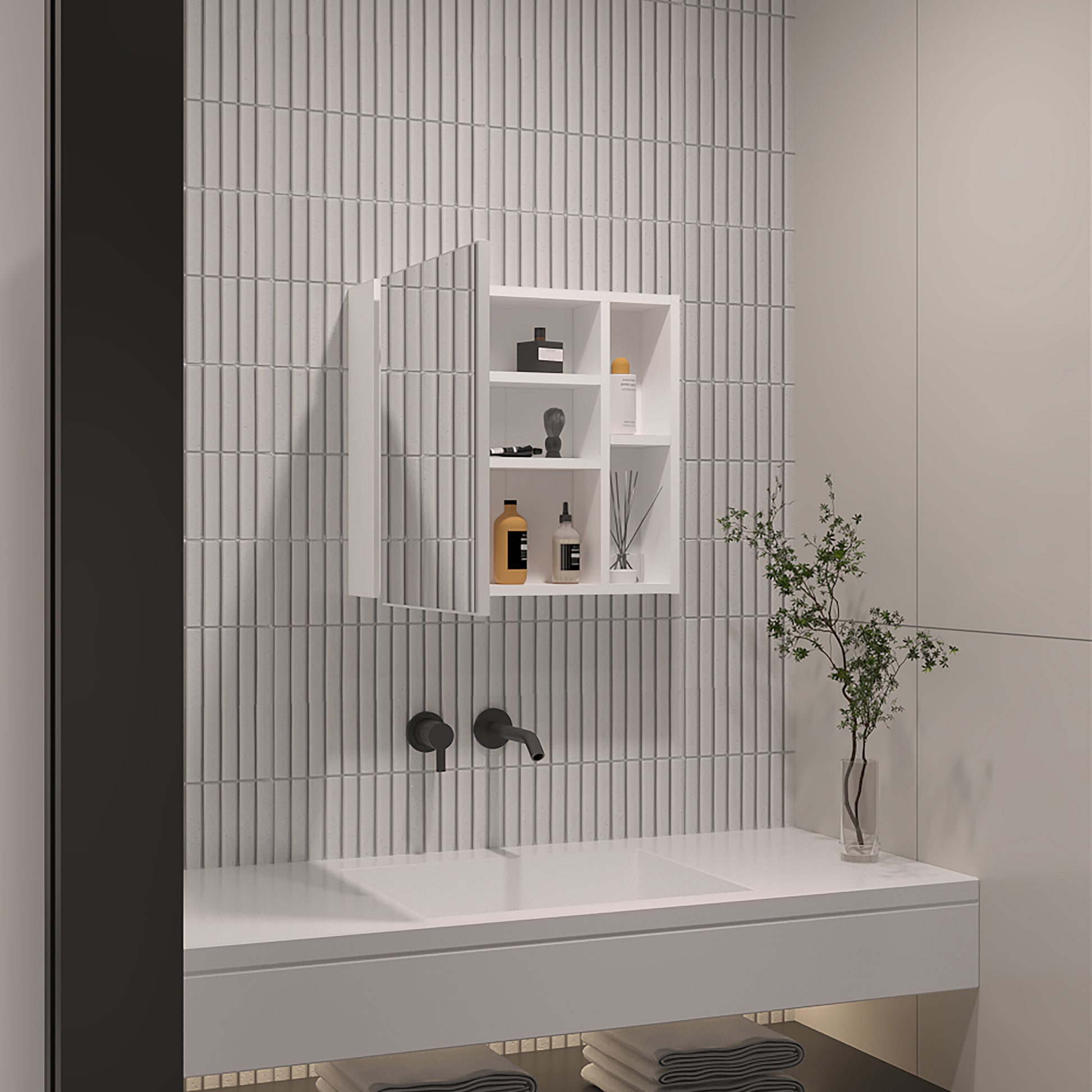 Modern white bathroom medicine cabinet with open door displaying toiletries