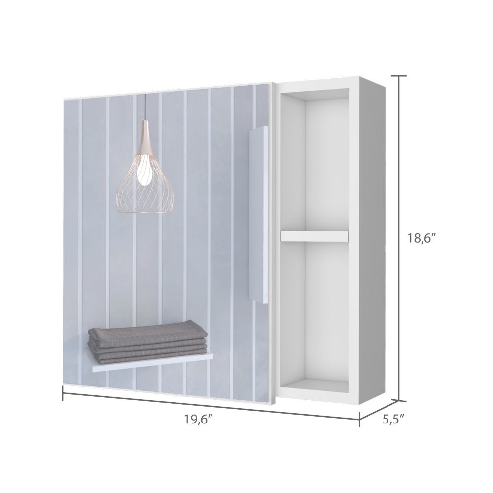 Modern white wall cabinet with open shelves and striped grey panel