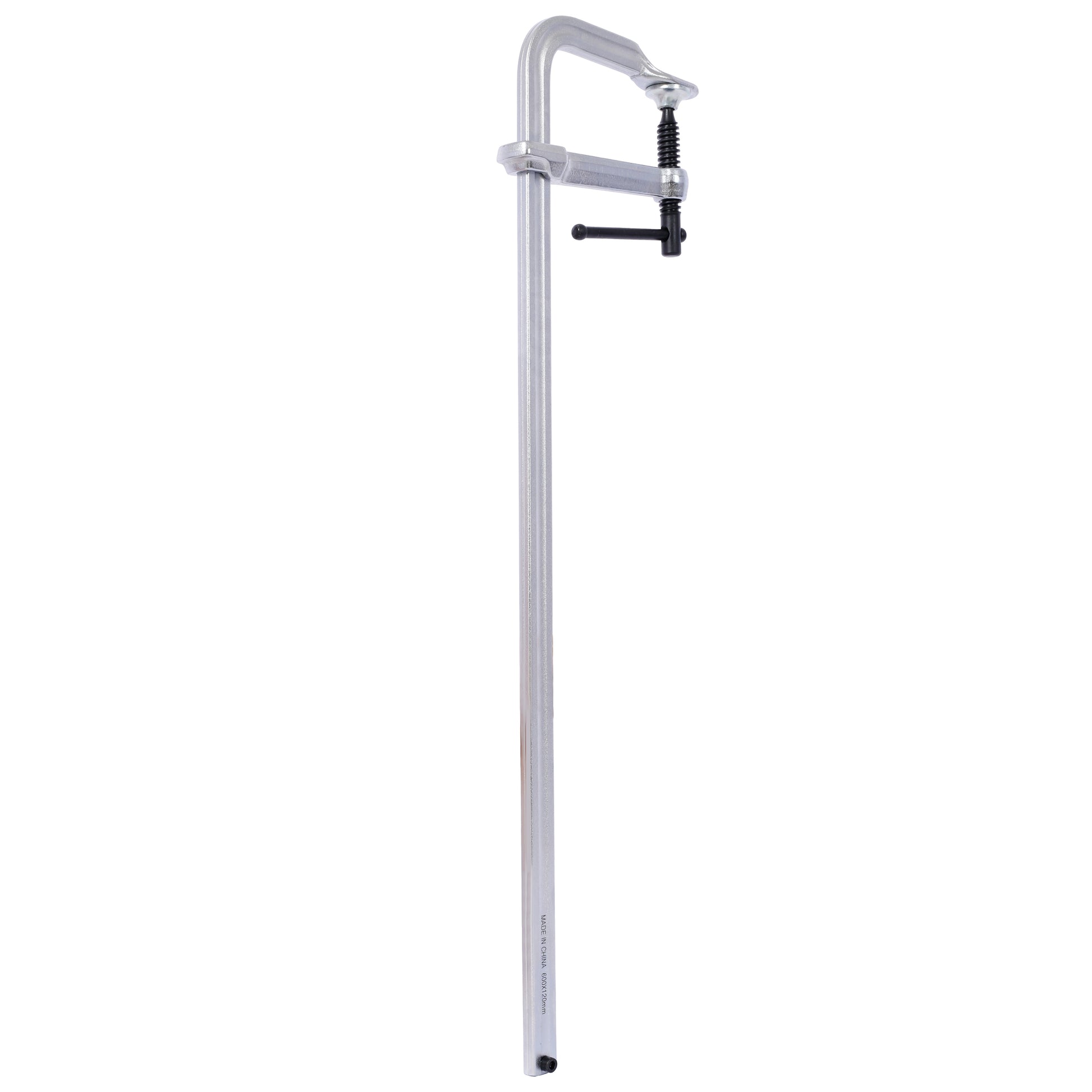 Silver metal bar clamp with adjustable screw and handle for woodworking