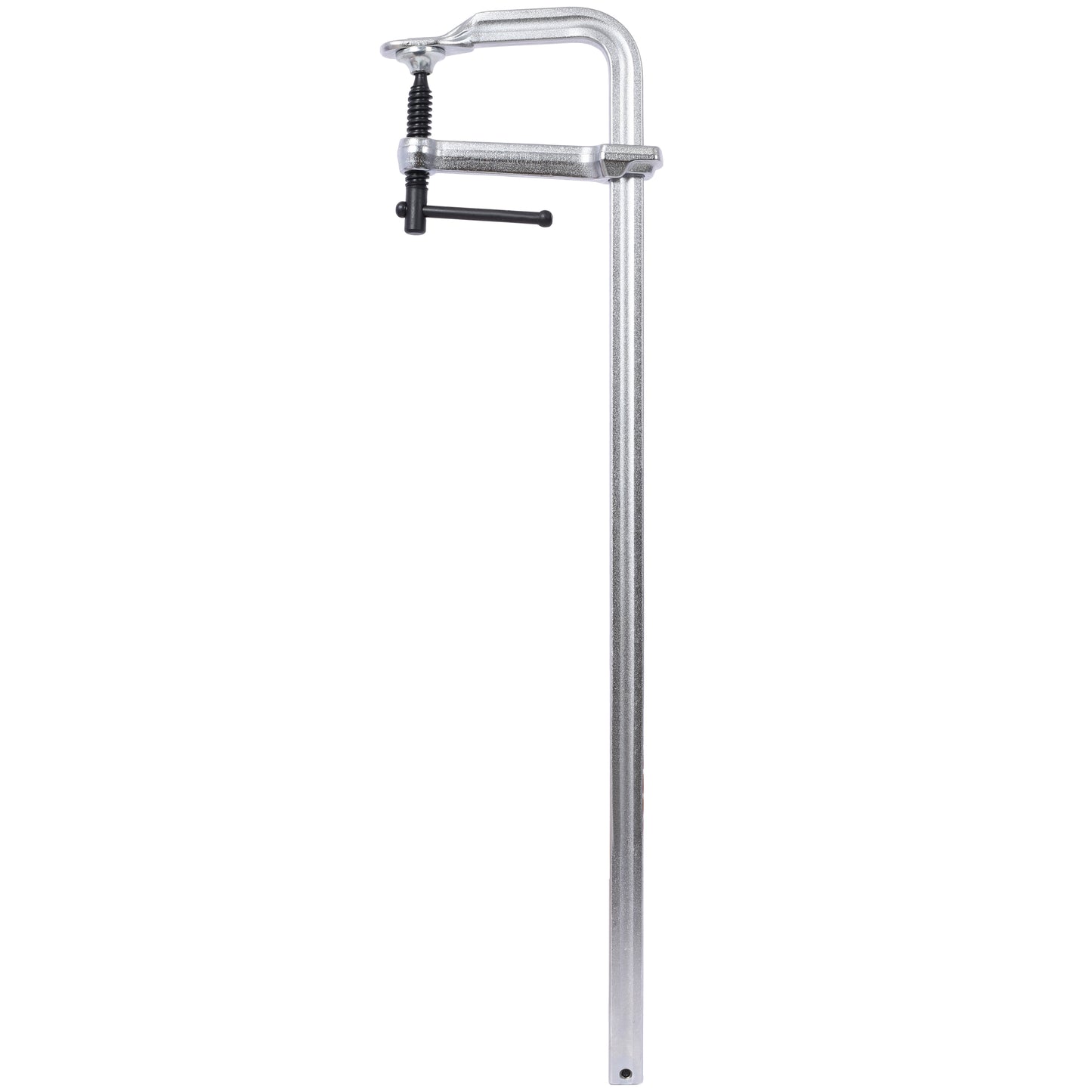 Silver metal F clamp with black handle for woodworking