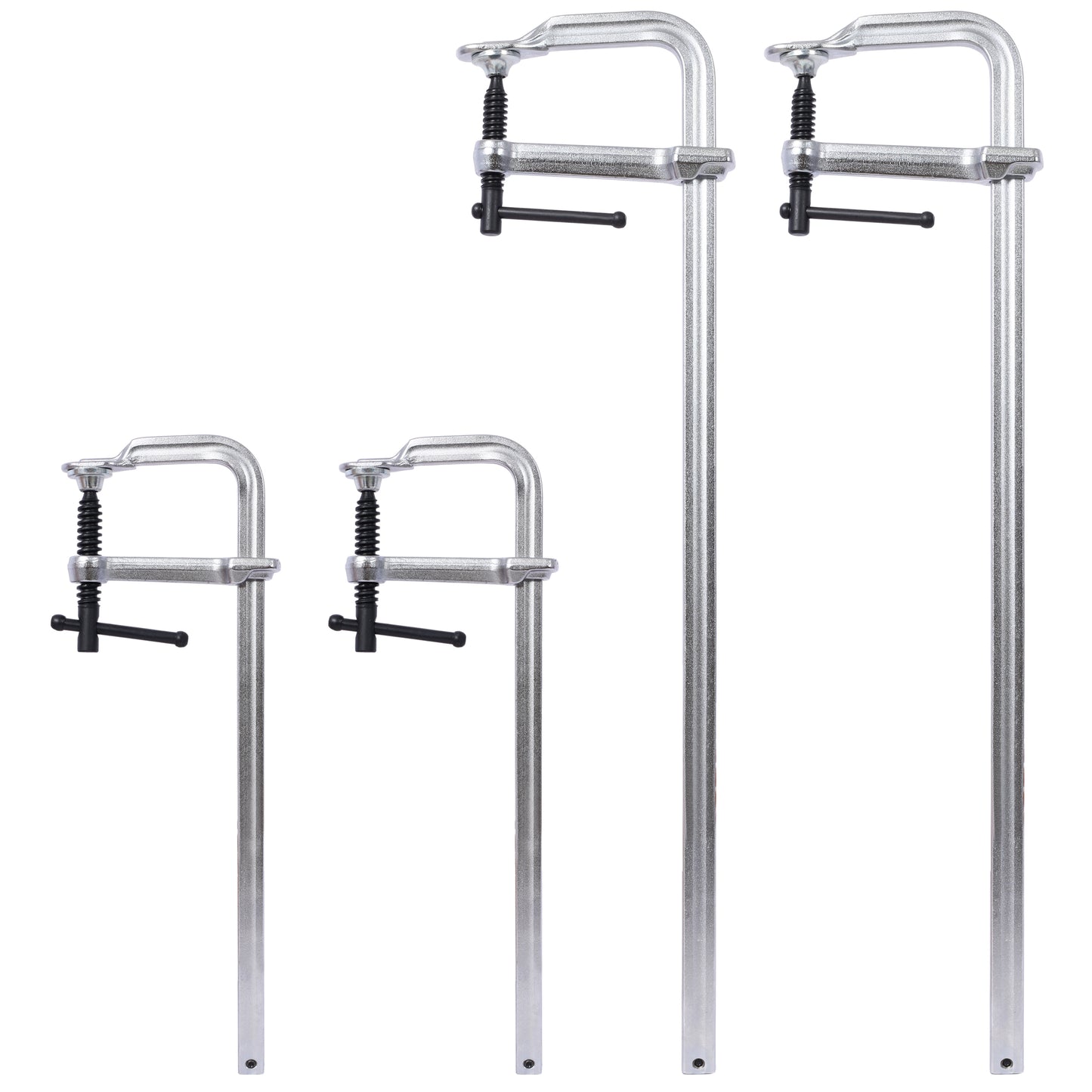 Set of four Cclamps in varying sizes silver metal with black handles
