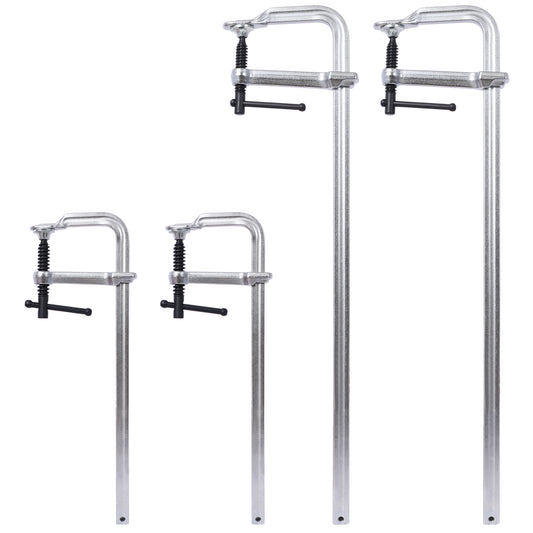 Set of four Cclamps in varying sizes silver metal with black handles