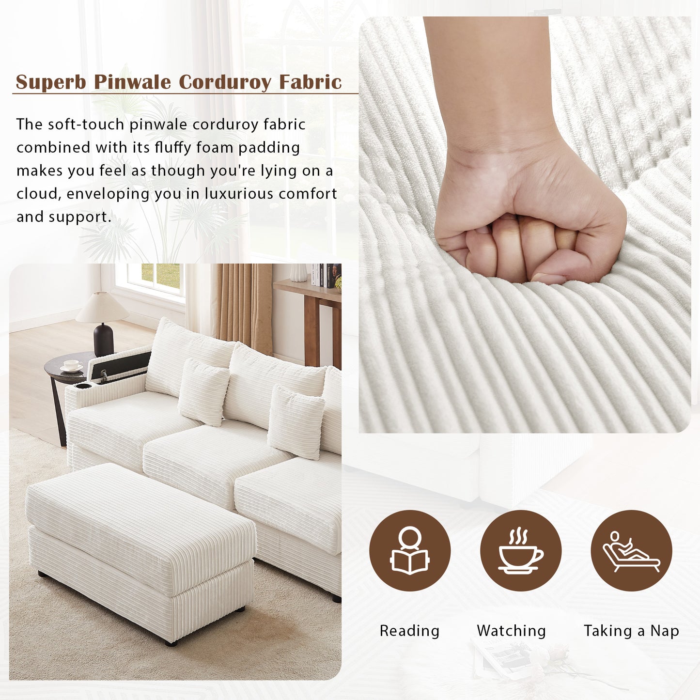 Modular sectional sofa in cream pinwale corduroy fabric with plush cushioning