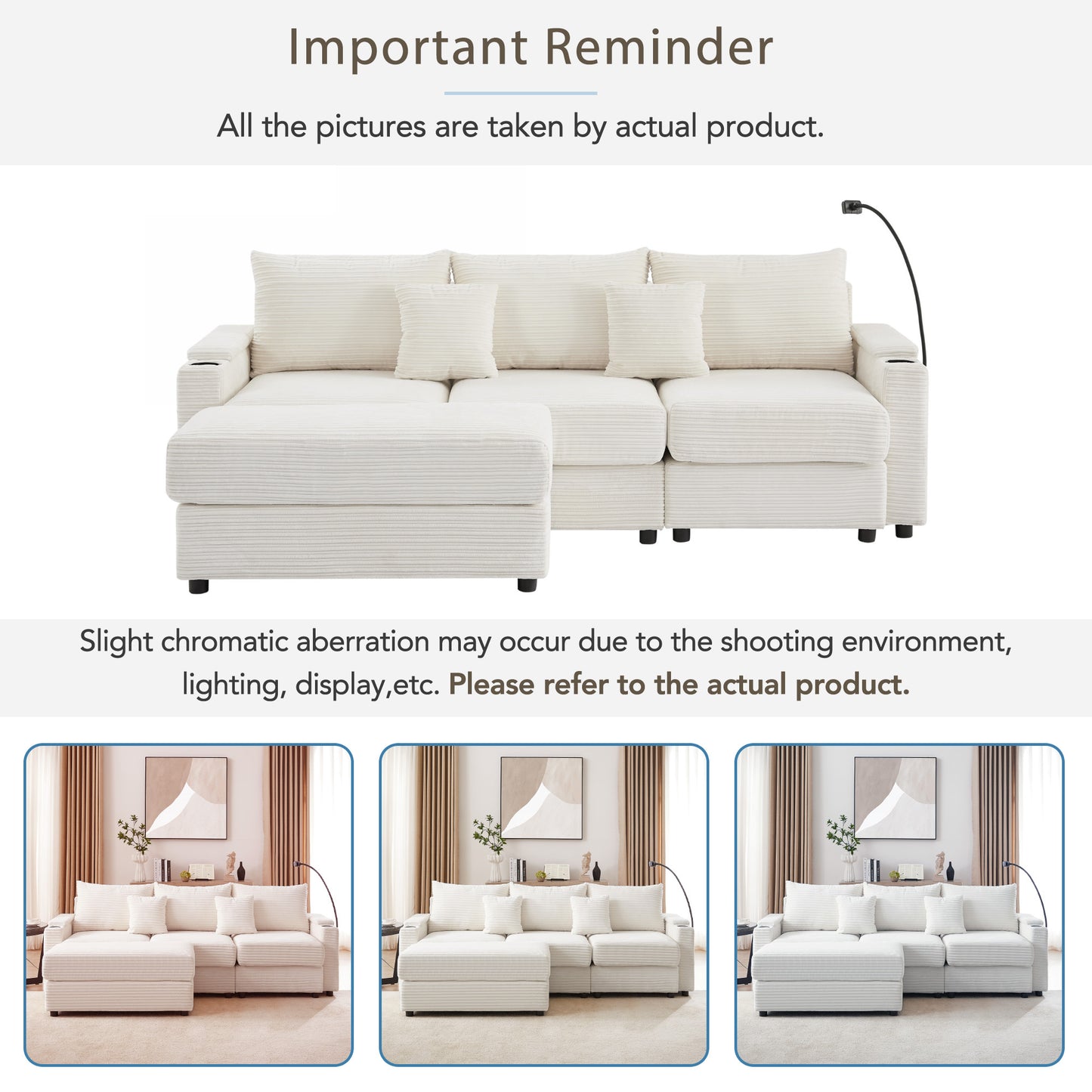 Cream corduroy sectional sofa with plush cushions and builtin cup holder