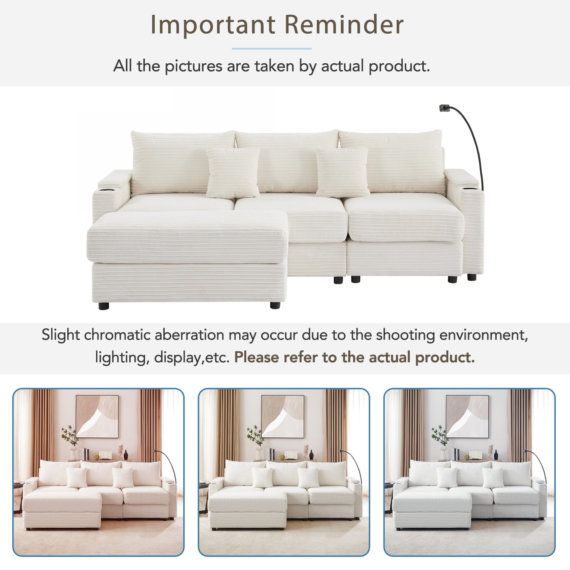 Cream corduroy sectional sofa with plush cushions and builtin cup holder