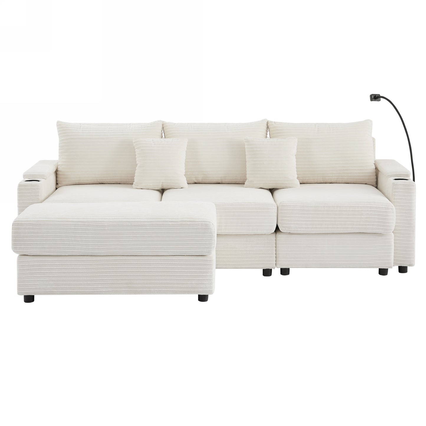 Offwhite corduroy sectional sofa with chaise and ottoman